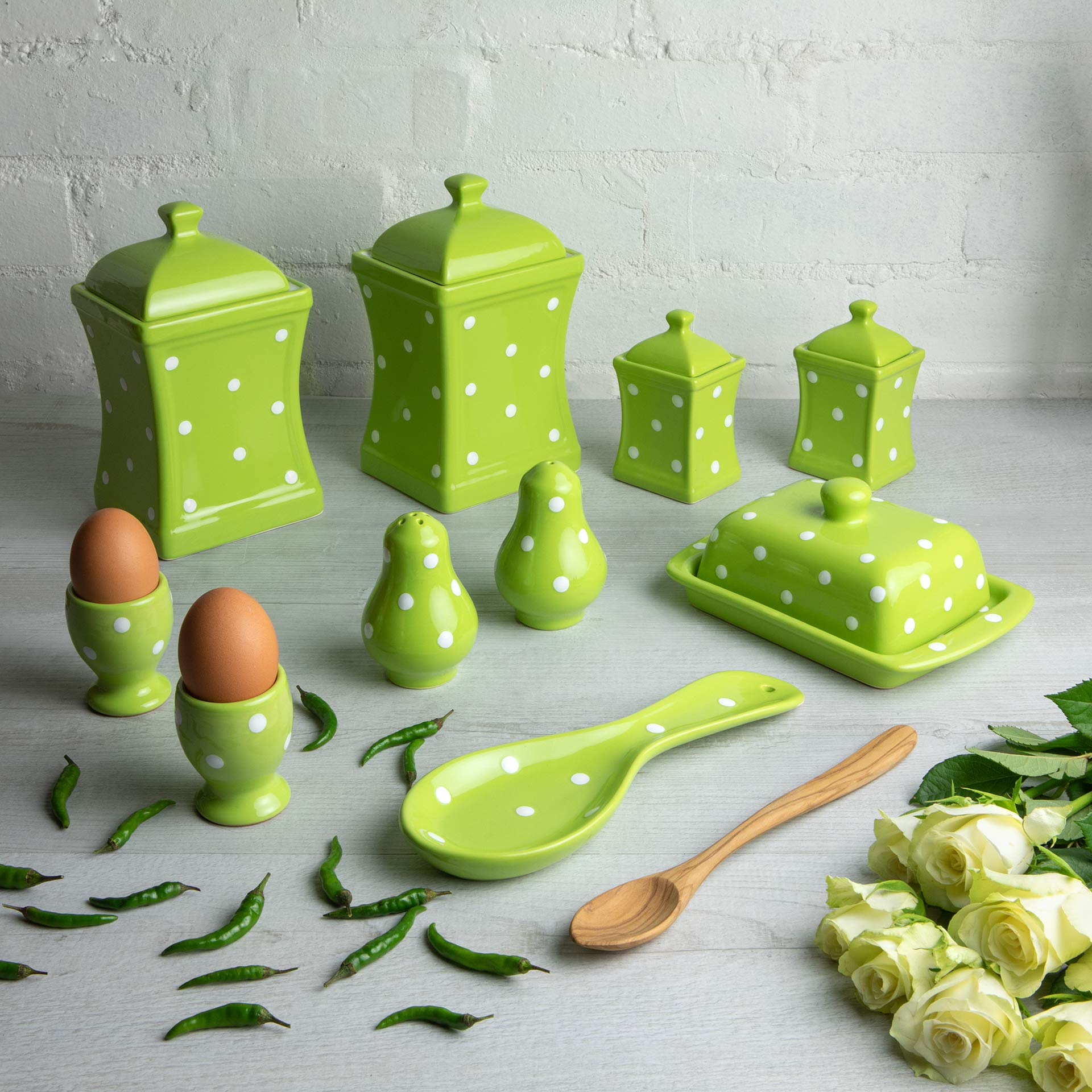 City to Cottage® - Ceramic Crockery Set 10 Pieces | Green and White | Polka Dots | Handmade | Container Kitchen, Butter Dish, Egg Cup, Salt Shaker and Pepper Shaker, Spoon Rest