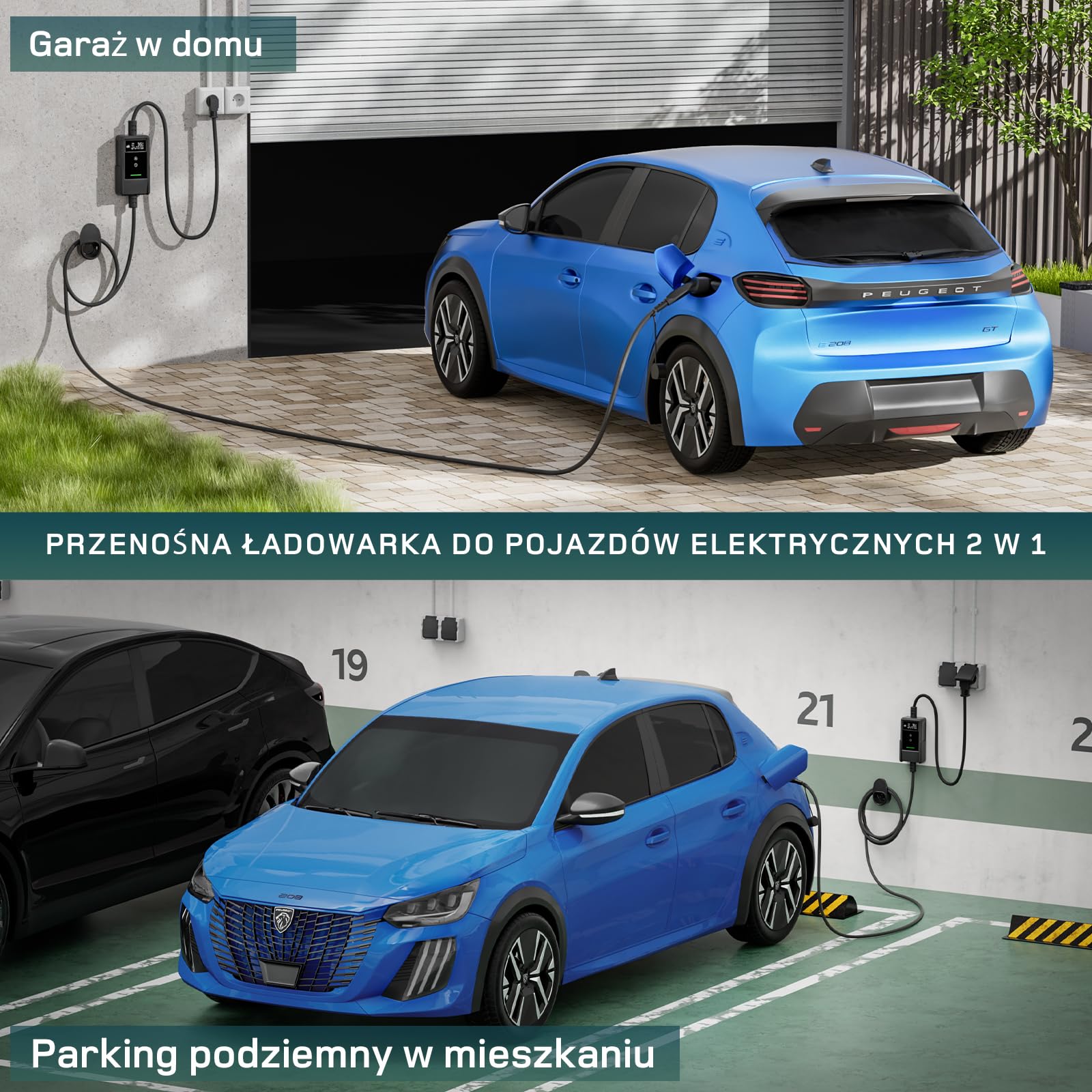 dé Ładowarka Samochodowa EV Typu 2 Schuko 3,7 kW [7m, 6-16A] z Uchwytami na Kabel i Wyświetlaczem LCD - Kompatybilna z Model 3/Y, ID.3/4/5, MG4, Q4