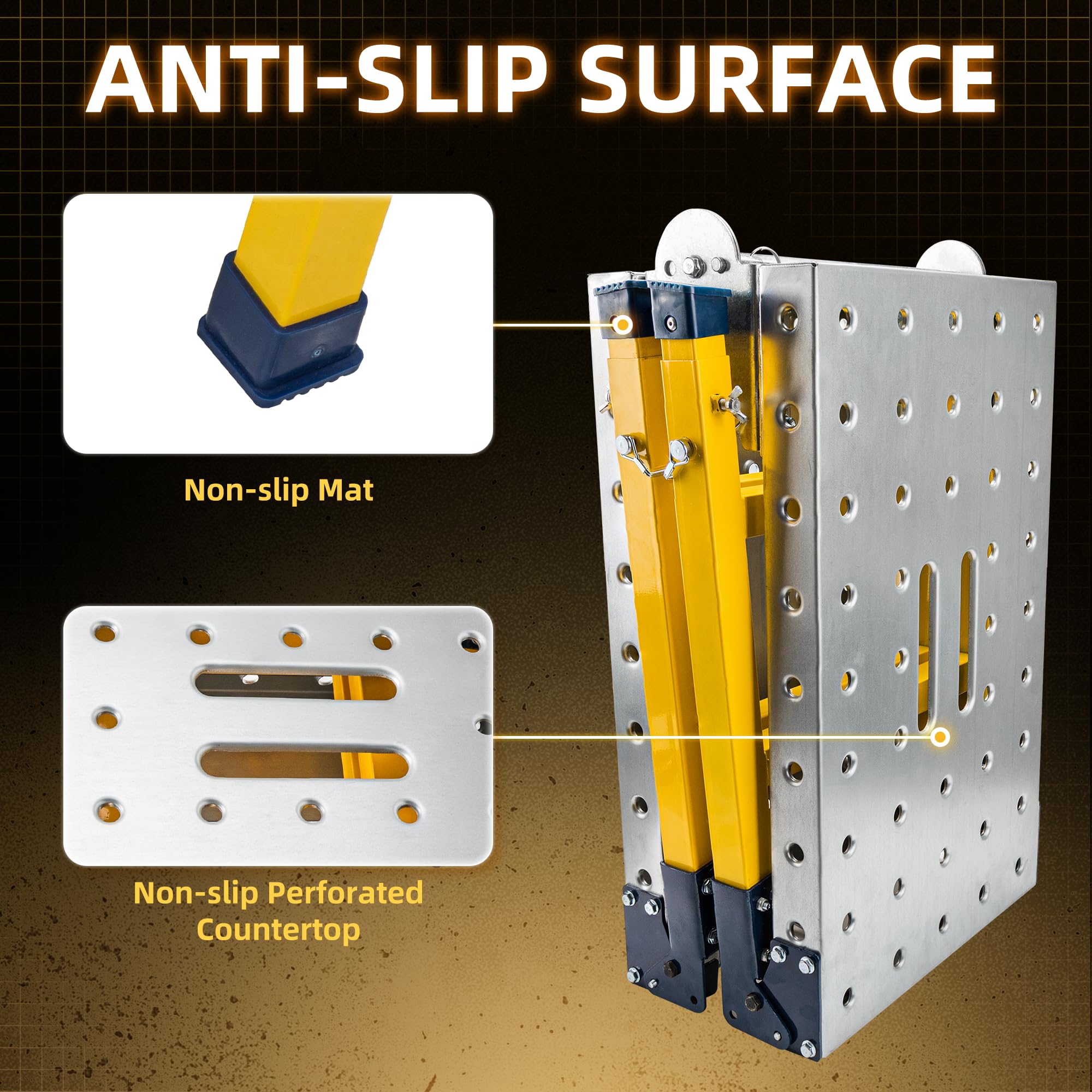 Plataforma de Trabajo de Chapa Galvanizada Andamio Portátil Mesa de Soldadura Ajustable Escalera Andamio Plegable, Capacidad de Carga de 500KG Altura Ajustable de 4 Velocidades 120 × 36 × 90 CM