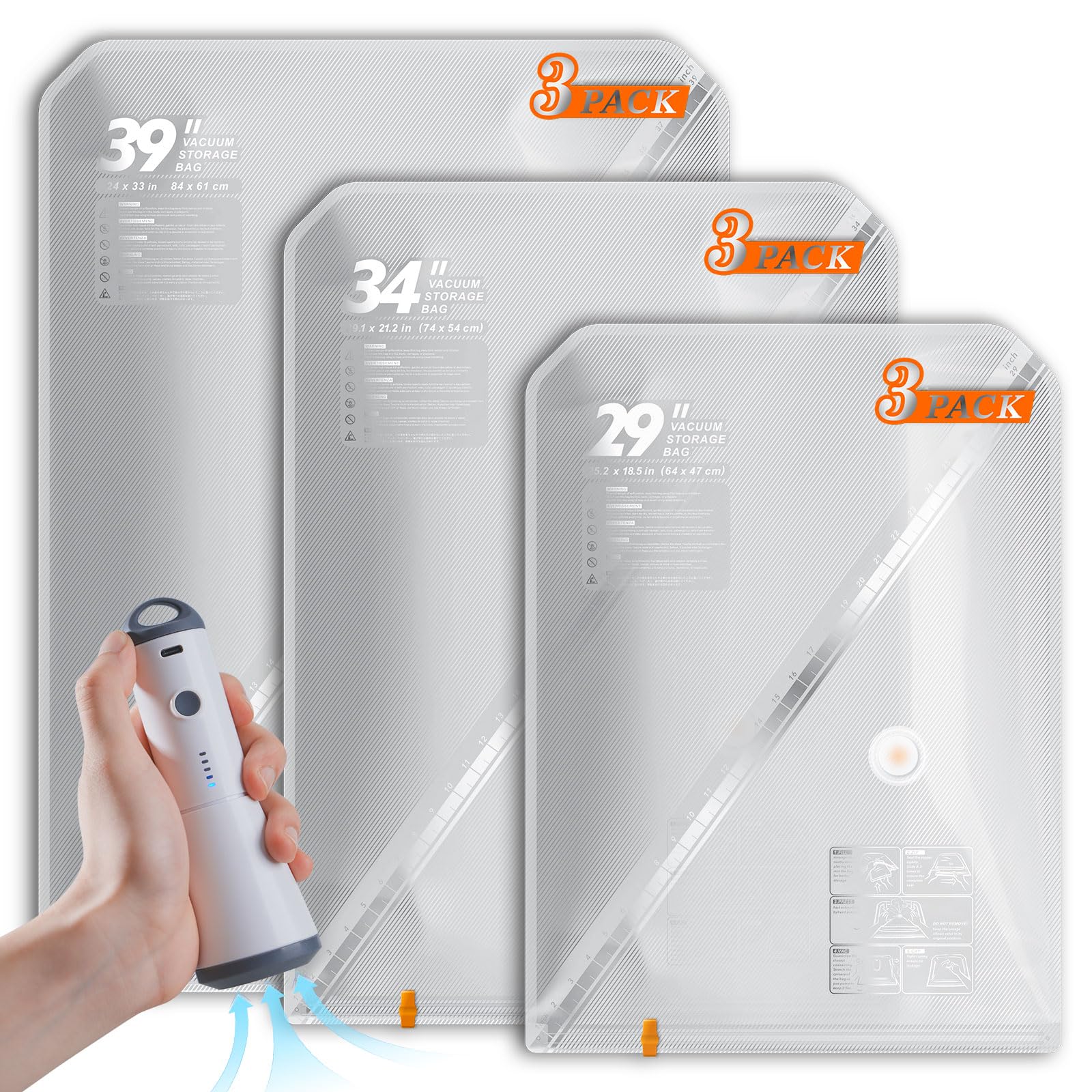 Vacbird 9 Pezzi Sacchetti Sottovuoto Vestiti Viaggio con Pompa Senza Fili, Buste Sottovuoto Vestiti in 3 Misure (64x47, 74x54, 84x61cm) Riutilizzabili, Adatti per Viaggi, Organizzazione della Casa