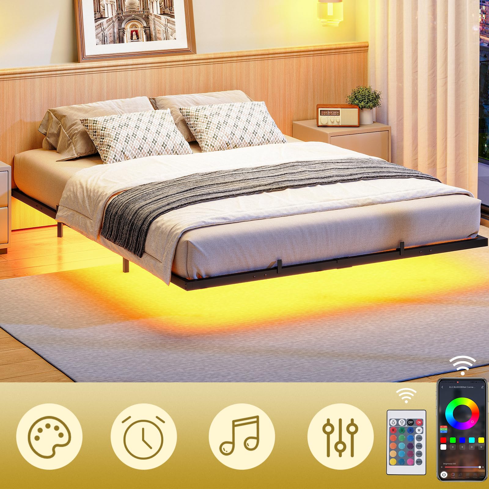 HOOBRO Bettgestell 180 x 200, Bett mit LED Beleuchtung und Ladestation, Schwebender Bettrahmen mit Lattenrost, Metallbett 180 x 200, Doppelbett(Ohne Matratze), für Schlafzimmer, Schwarz EBK024CDBF01