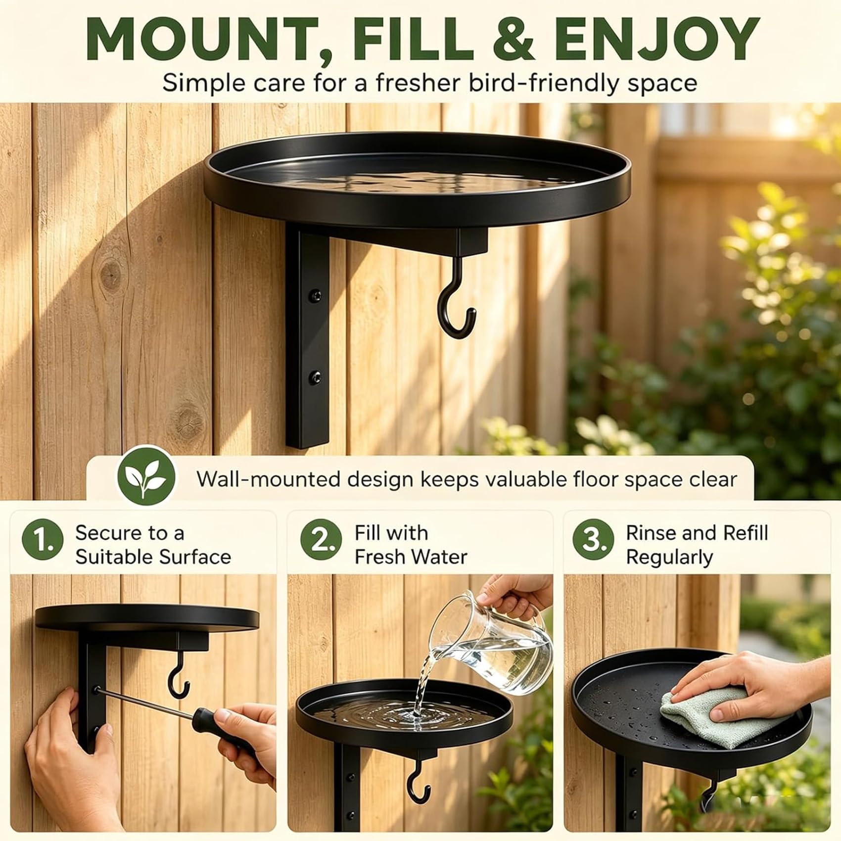 Vasca per uccelli in metallo da parete, abbeveratoio e mangiatoia per uccelli da esterno, resistente alle intemperie, ideale per balconi, patii, giardini, cortili e altri spazi esterni. (2PCs)