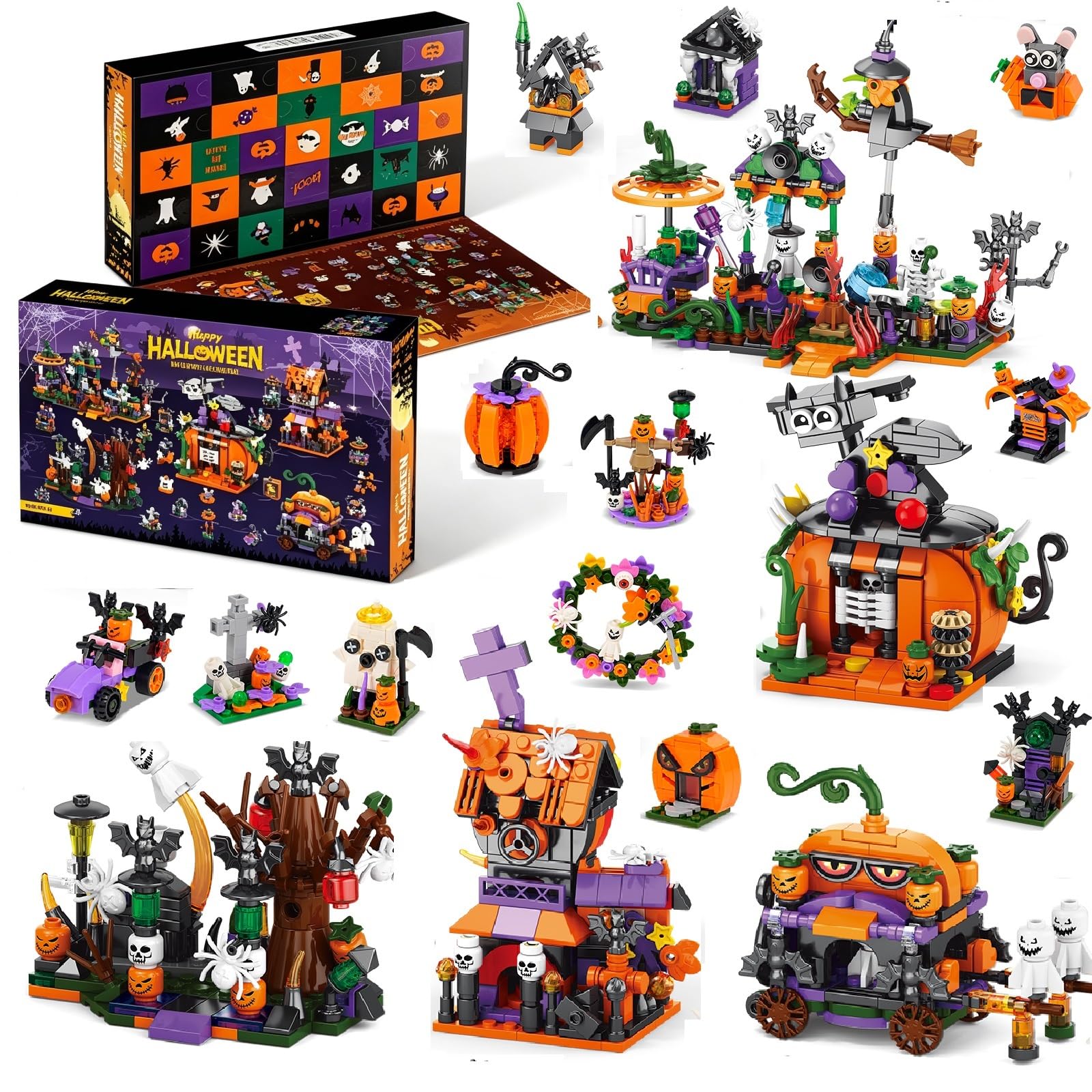 Calendario de Adviento de Halloween 2026 para niños y adultos, calendarios de cuenta regresiva de 31 días, casa encantada espeluznante, fantasmas, murciélagos y calabazas, bloque de construcción de