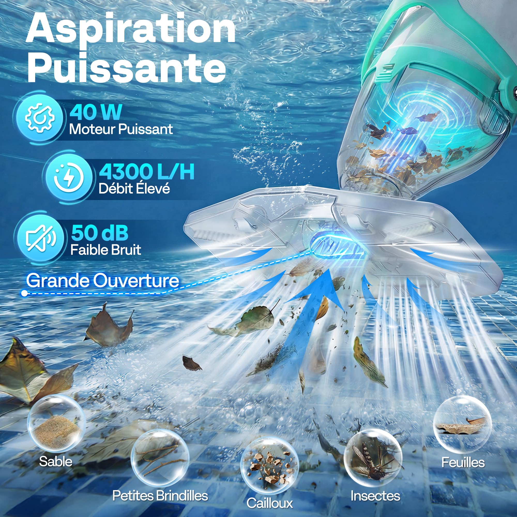 VIVOHOME Aspirateur de Piscine sans Fil avec Batterie 75 Minutes 4300LPH | 4300LPH Nettoyeur de Piscine Portable avec 4 Sacs Filtrants 2,6L, Autonomie jusqu'à 75 Minutes, pour Piscines et Spa