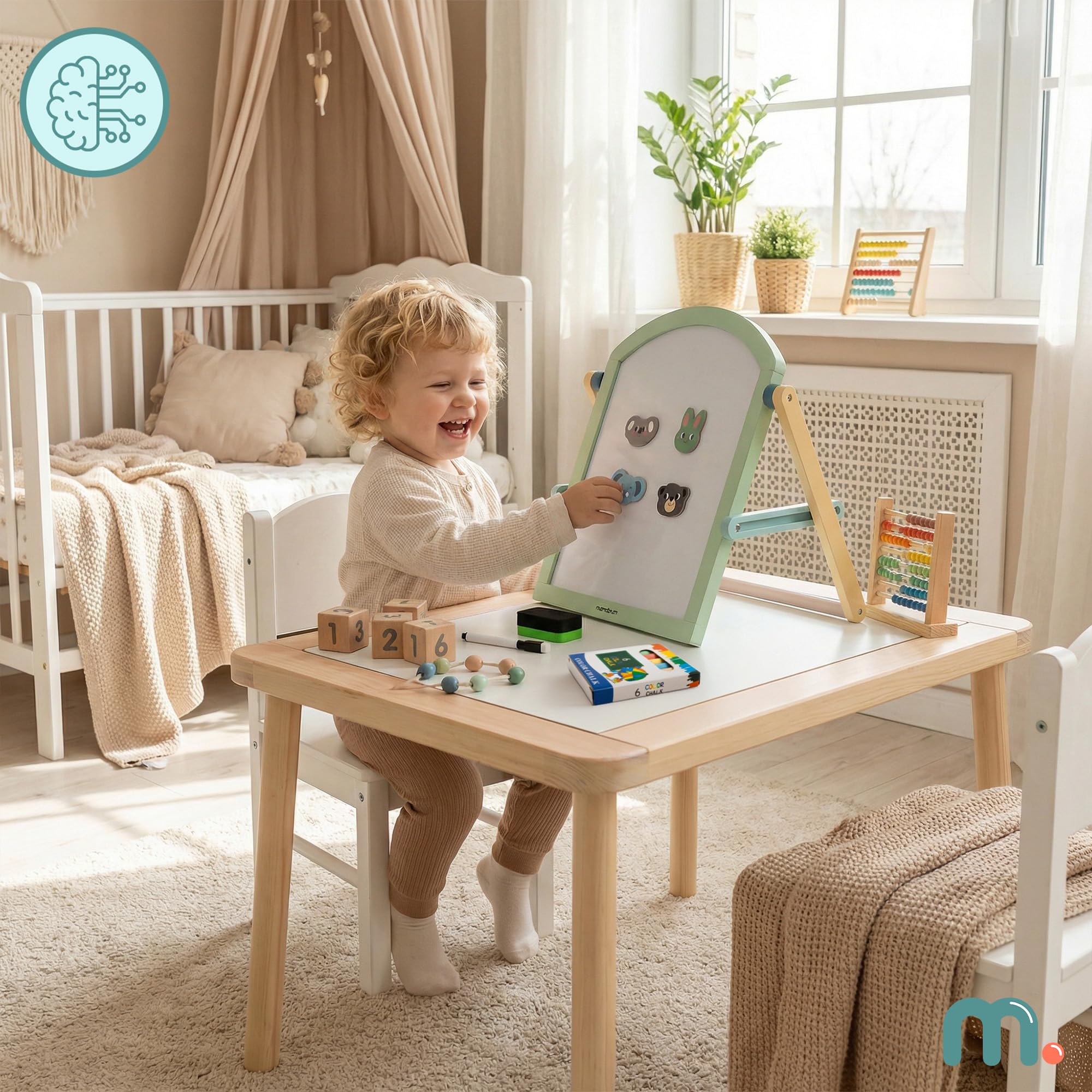 Mamabrum Doppelseitige Kinder Holztafel 2in1 Magnettafel Kreidetafel mit Ständer klappbar Lerntafel mit Zubehör zum Schreiben Malen für Kinder ab 3 Jahren