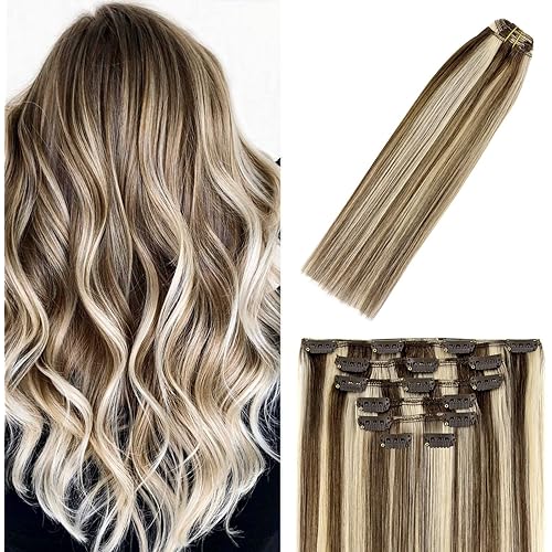 Clip In Hair Extensions Human Hair Medium Brown to Blonde Balayage Highlights for Brown Remy Hair 18Inch 70g #4P613 7PCS