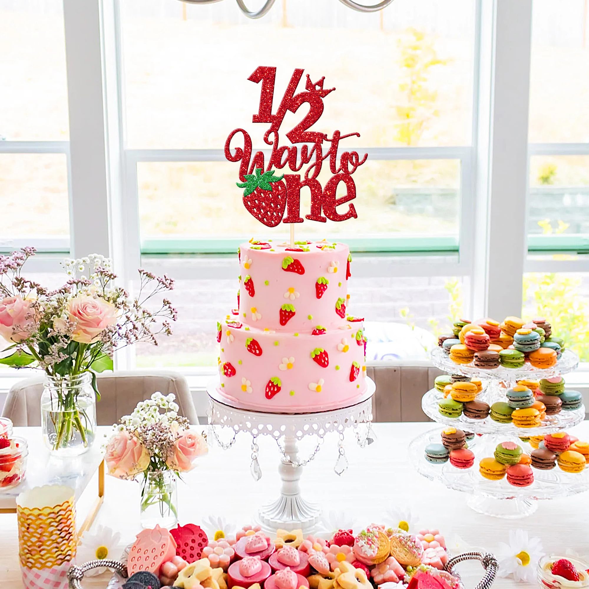 Strawberry Cake Partyオーバーニー ピンク Amazon.com: 1 PCS Strawberry 1/2 Half Way to One Cake Topper