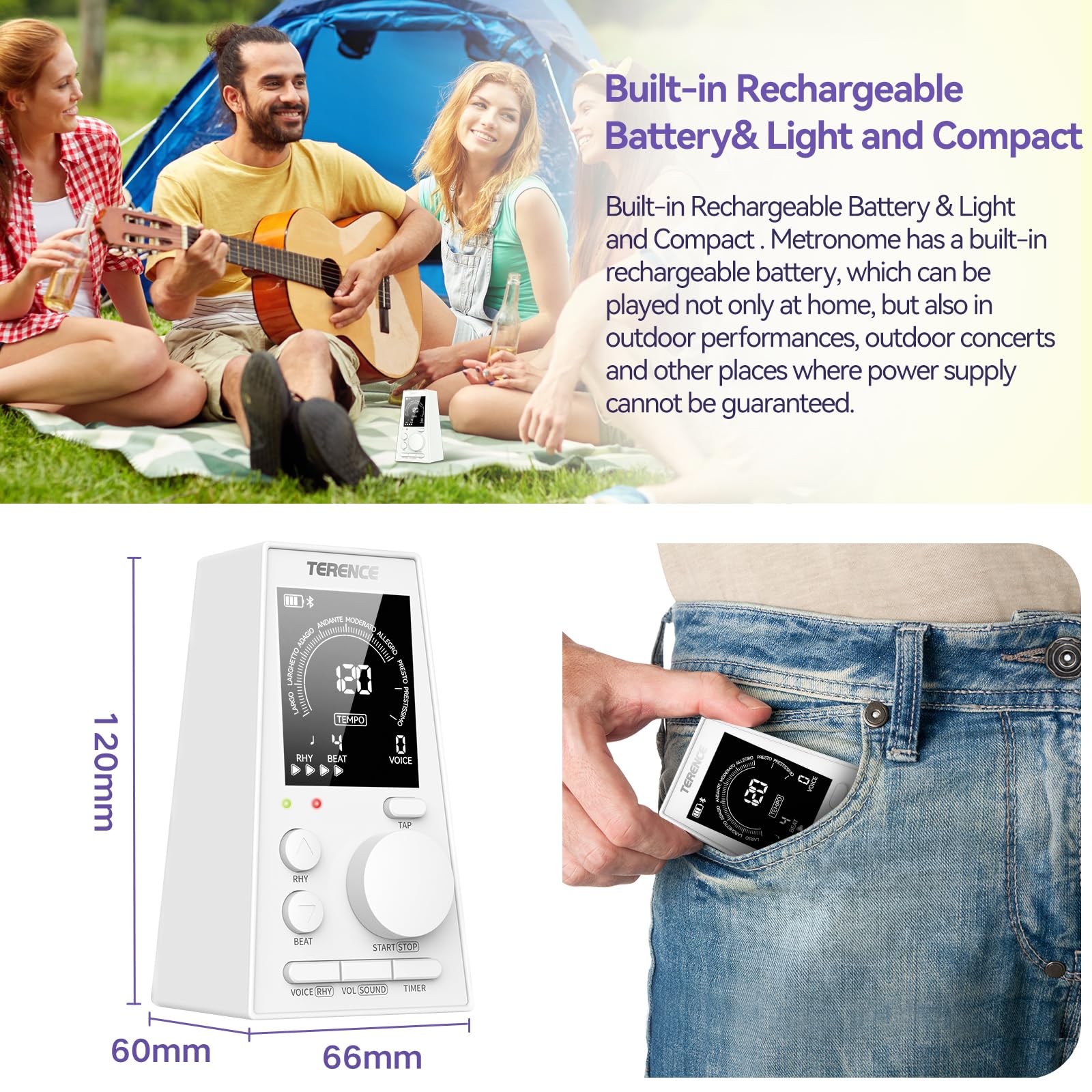 TERENCE Métronome Numérique Piano guitare basse eucliri instrument métronome électronique avec Haut - parleur LCD moniteur volume tempo réglable fonction de minuterie rechargeable 30-252bpm Blanc