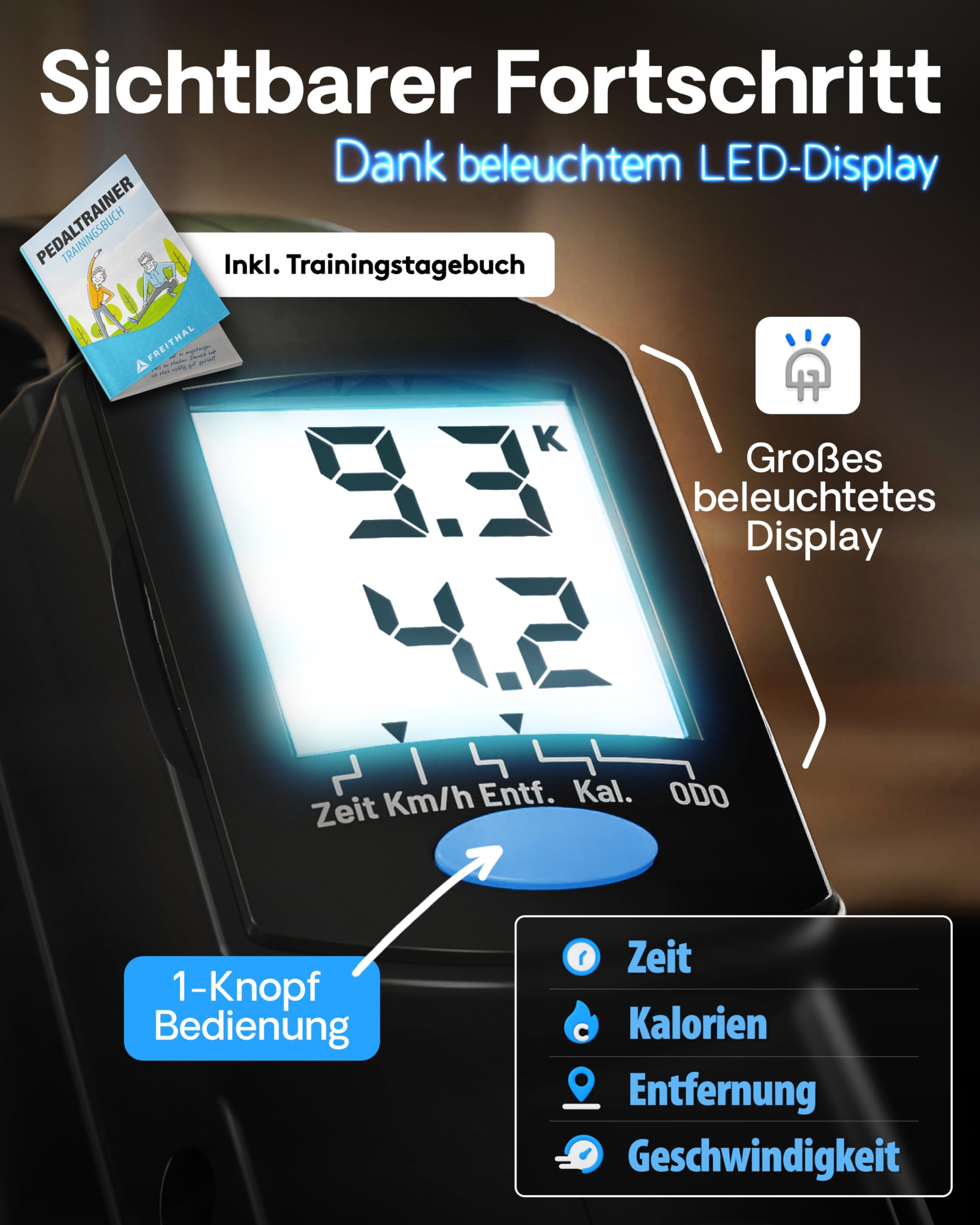 Pedaltrainer für Senioren TESTSIEGER - Beintrainer im Sitzen mit Wirbelstrombremse - Inkl. Anti-Rutsch-Matte & Trainingsbuch