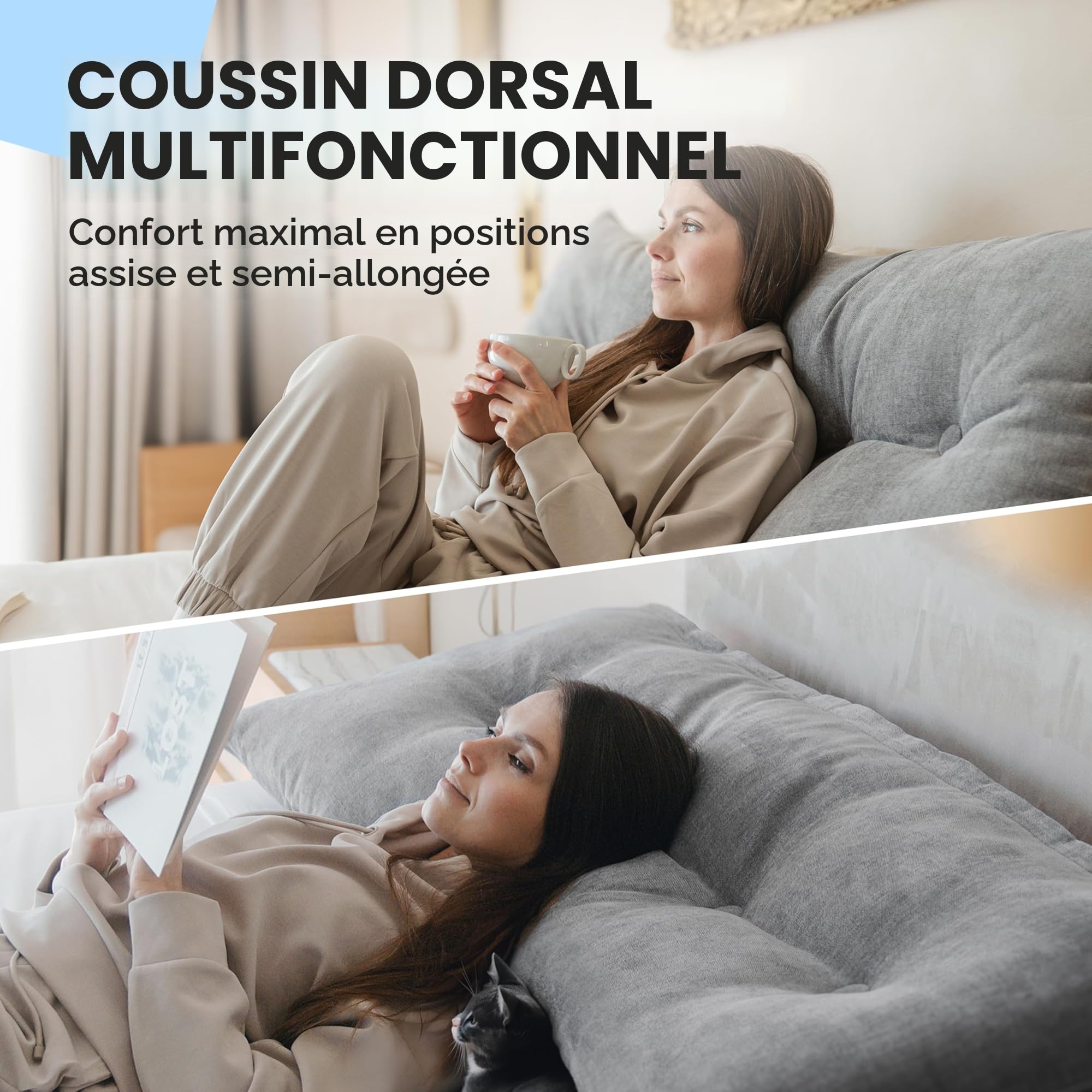 Björn&Schiller Rückenkissen Grau, 70 cm - Lesekissen für Bett und Sofa, Keilkissen, Rückenpolster für Die Wand, Sitzkissen, Wandkissen, groß mit waschbarem Bezug - Ideal zum Anlehnen
