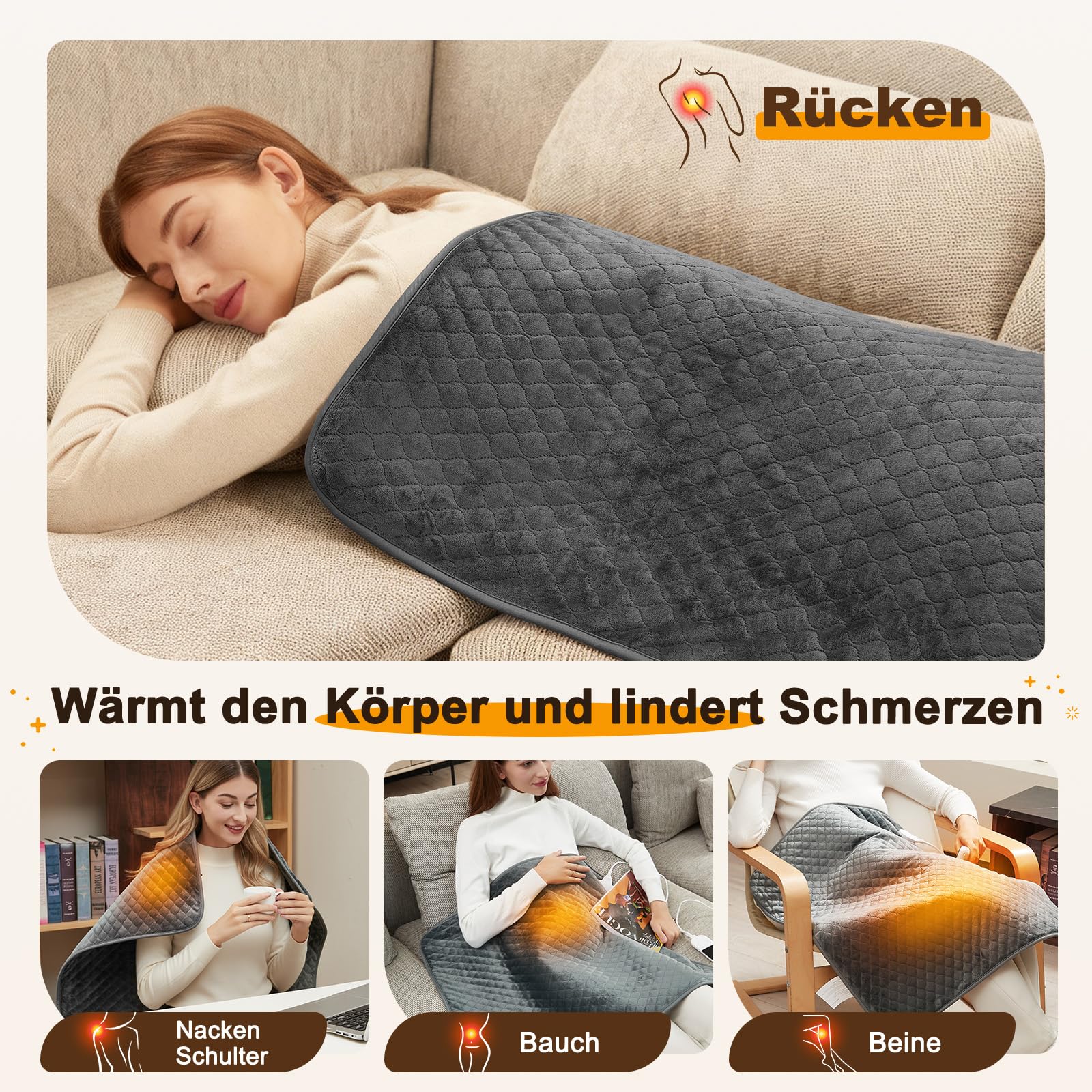 Focbeo XXXL Heizkissen mit Abschaltautomatik (80 x 60 cm), Wärmekissen elektrisch mit 6 Temperaturstufen & 4 Zeiteinstellungen für Rücken, Schultern, Bauch, Beine, Schnellaufheizung, Maschinenwaschbar