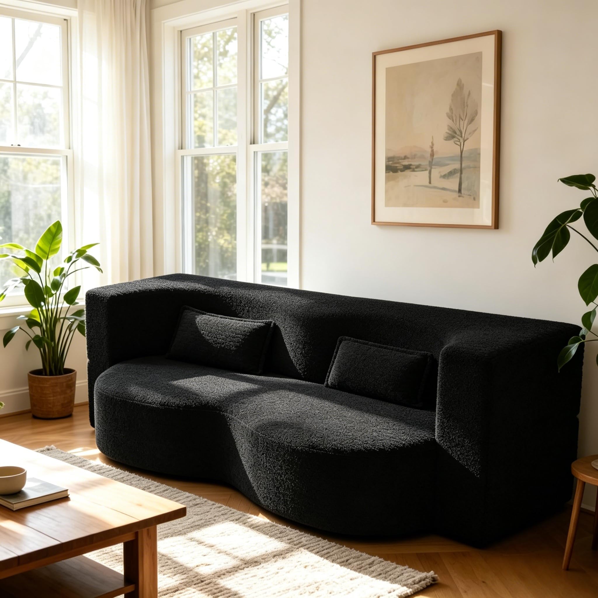 78" Loveseat Sofa Bed, Modern 2-in-1 Convertible Curved Floor Love Seat Couch, Teddy Fabric Pull-Out Modular Matress Cloud Couch with 2 Pillows No Assembly for Living Room, Apartment, Small Space