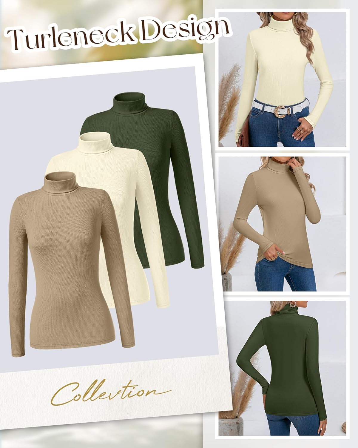 Ficerd 3 Pack Women's Ribbed Thermal Turtleneck Tops Long Sleeve Stretch Shirts Knitted Fitted Lightweight Base Layer - Image 5