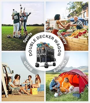 Collapsible Wagon Double Decker,Wagons Carts Foldable,Heavy Duty Wagon Camping Sports Garden Grocery,Utility Wagon for All Terrain Grey