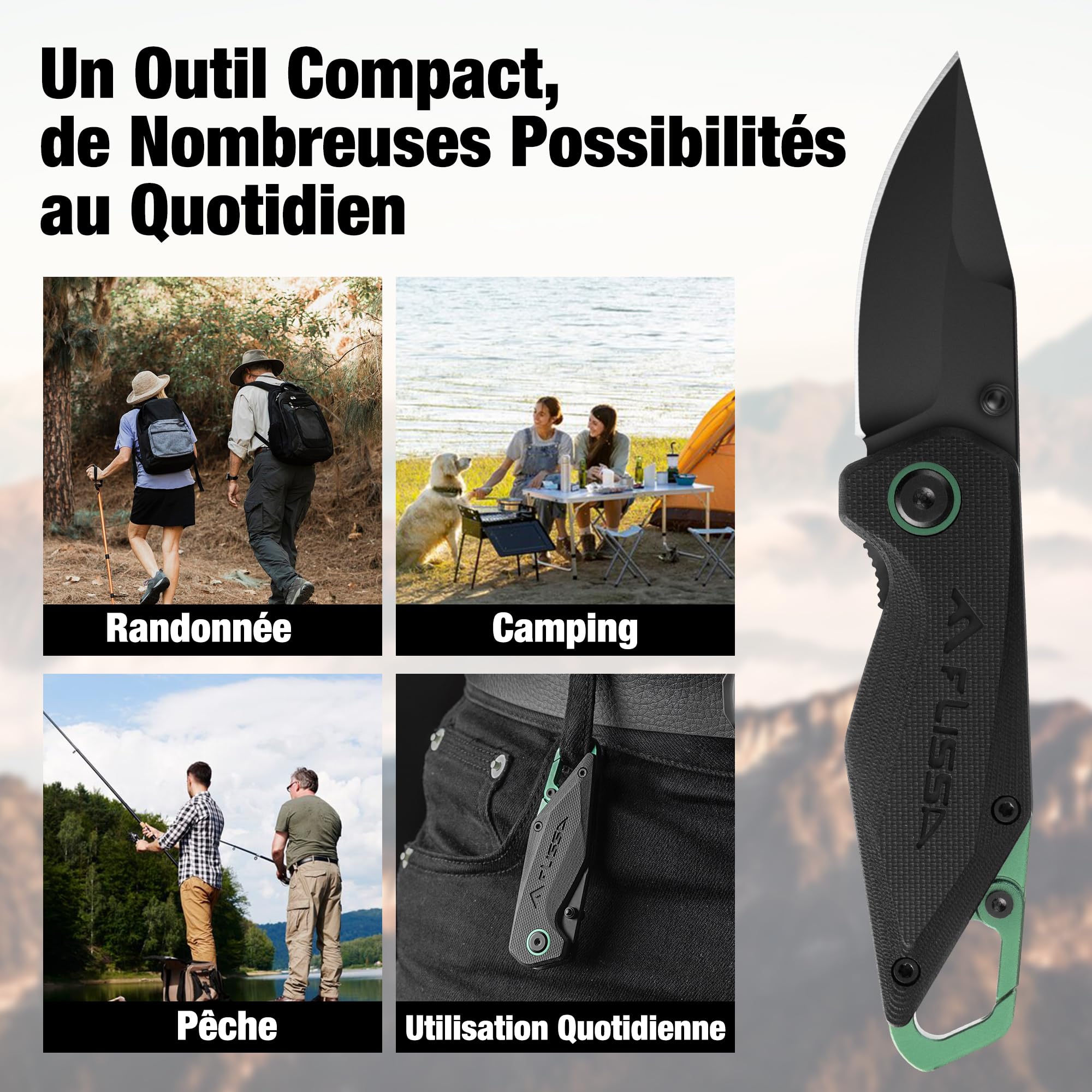 FLISSA Mini Couteau Pliant en Acier 14C28N avec Mousqueton Intégré (Usage hors Escalade), Couteau de Poche EDC (137 mm), Manche G10 Antidérapant, Idéal pour Camping, Randonnée et Quotidien