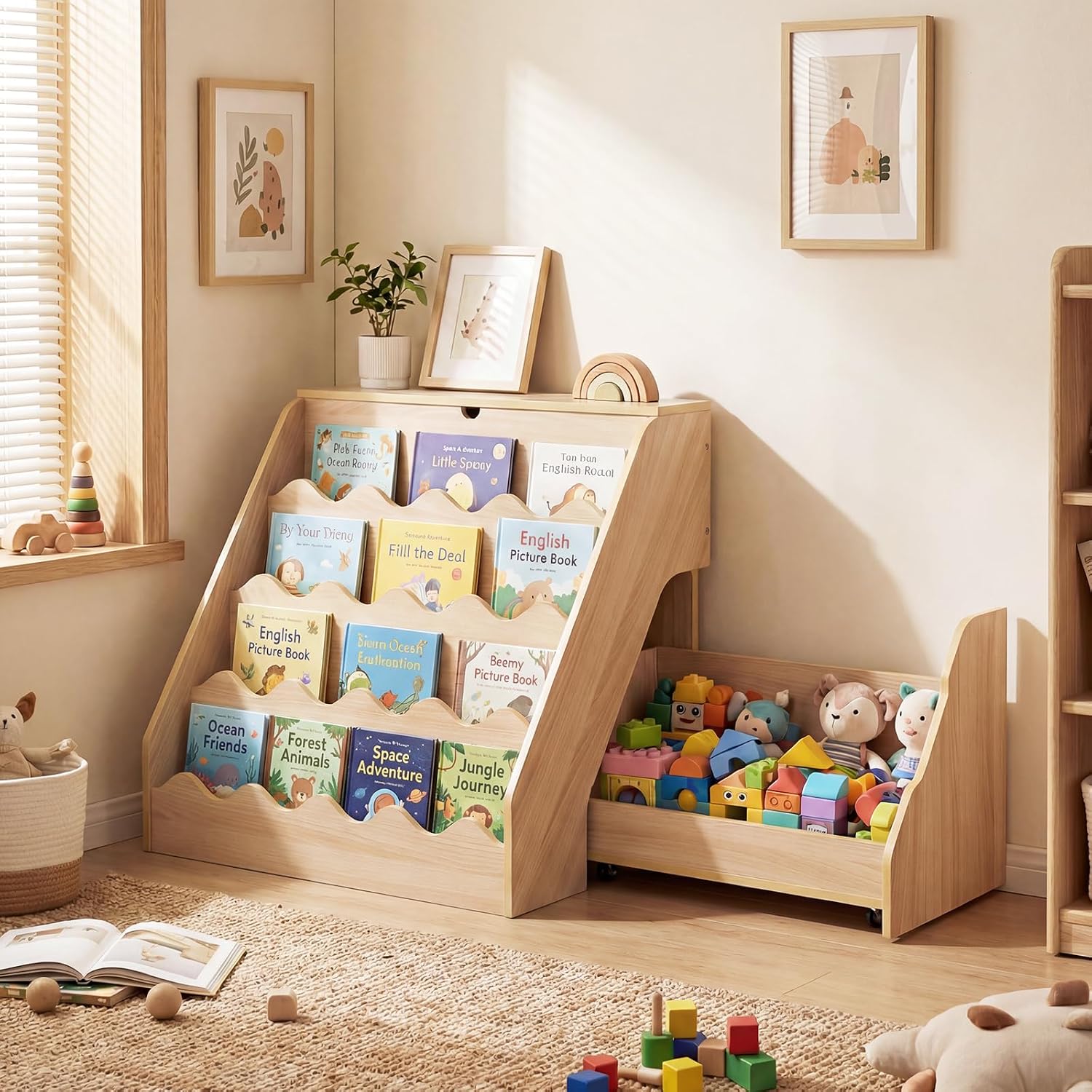 Costzon 2-in-1 Kids Bookshelf, Cute Toy Storage Organizer w/Rolling Drawer Cart, 4 Tier Book Shelf, Flip-Open Top, Toddler Book Stand & Toy Holder for Playroom, Nursery, Daycare, Kids Room (Natural)
