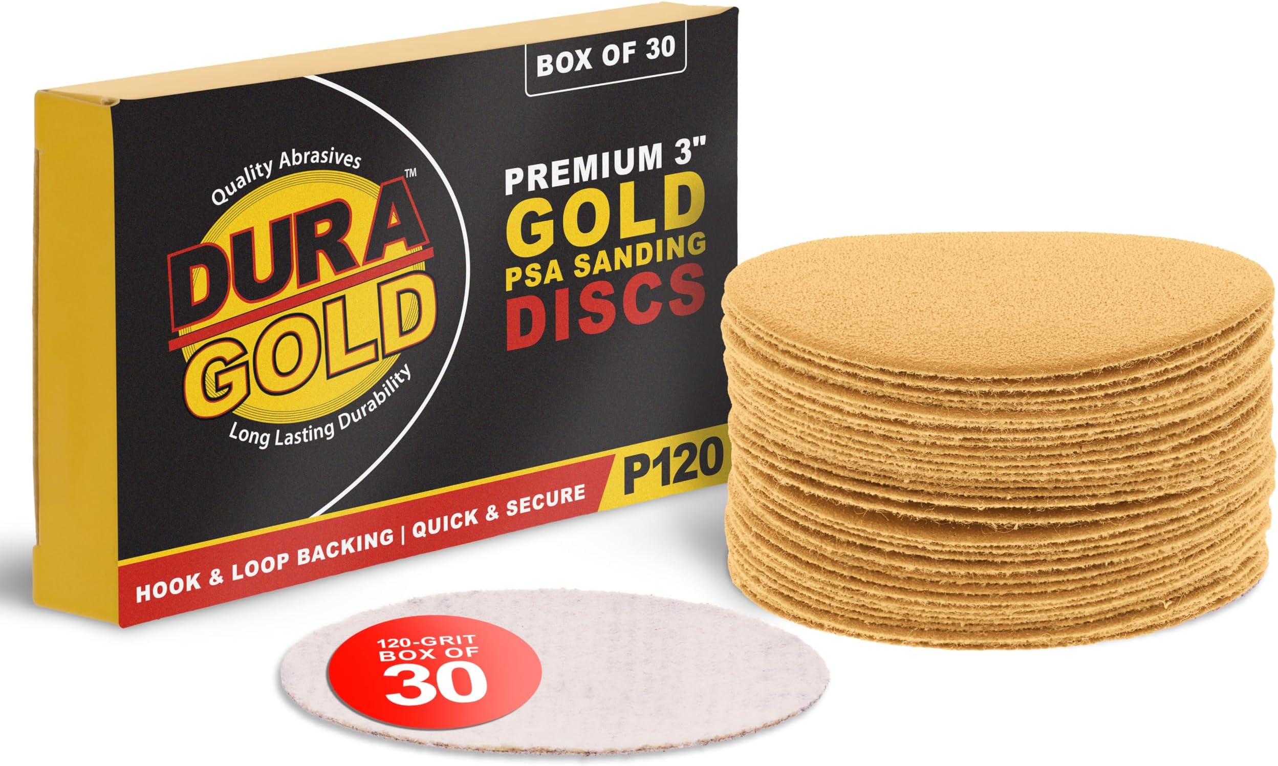 Premium - 120 Grit 3" Gold Hook & Loop Sanding Discs for DA Sanders - Box of 30 Sandpaper Finishing Discs for Automotive and Woodworking