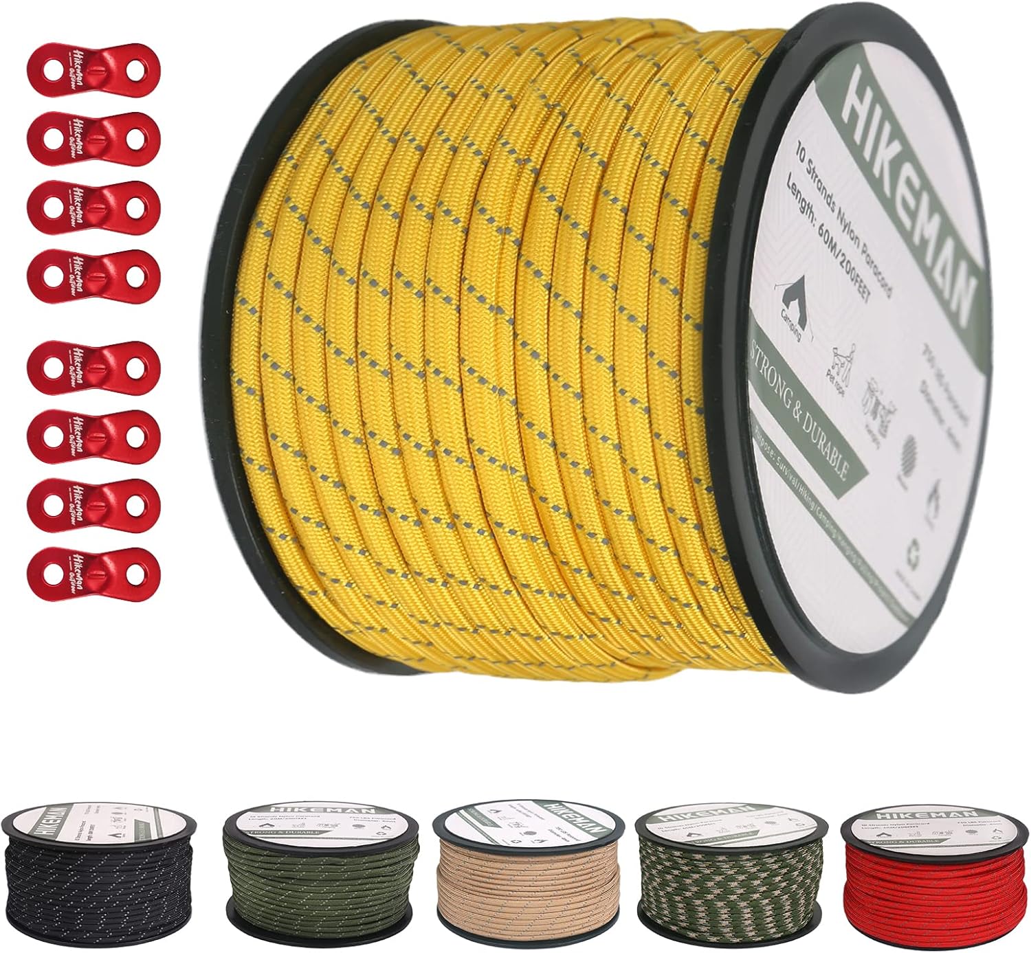 HIKEMAN 200FT 10 Strand Core 750lb Paracord 4mm Nylon Rope Reflective
