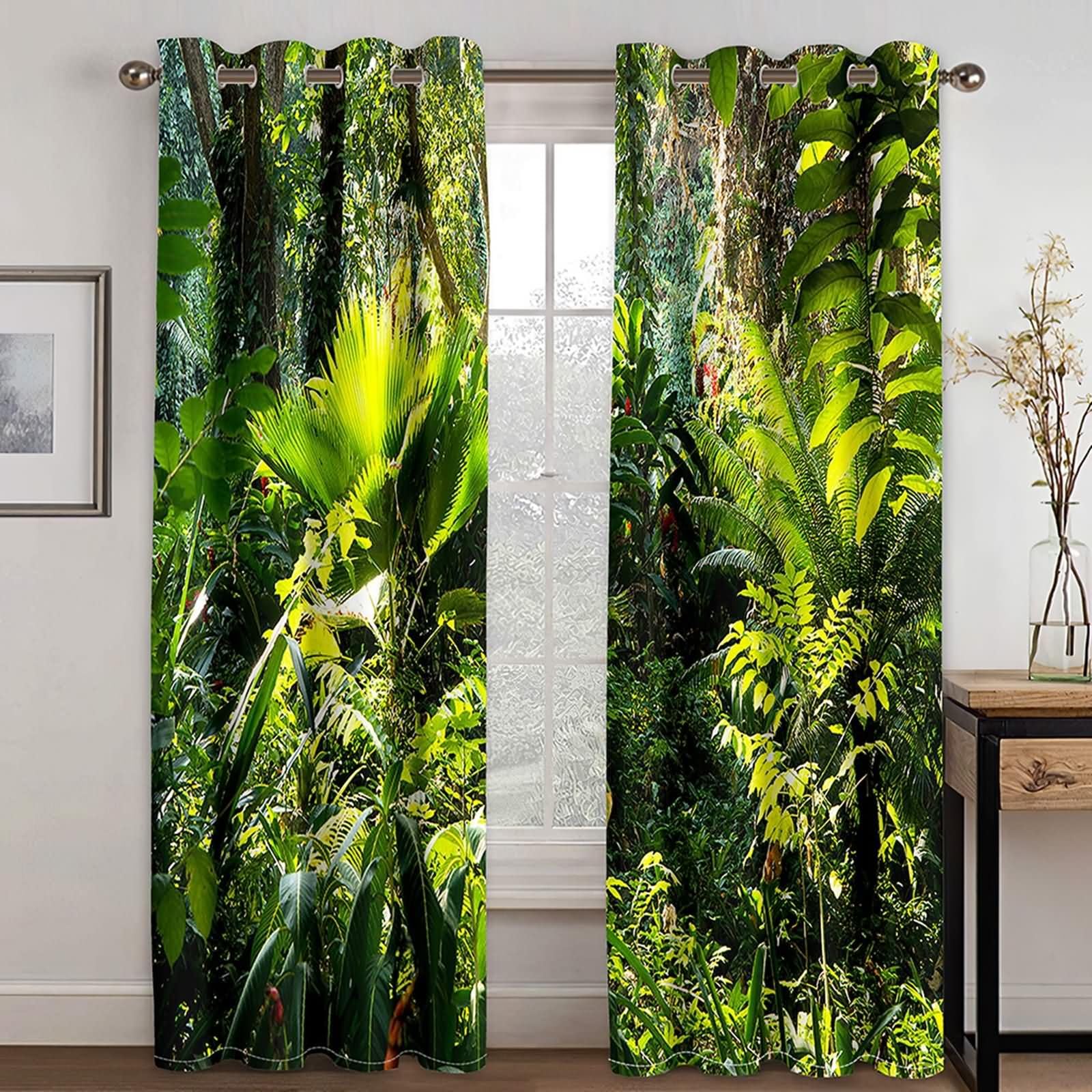 2 Pezzi Set 2 Tende Oscuranti,2 x 137W x 244H CM,Tenda con Occhiello Piante Tropicali Tende Verde Marrone Ufficio