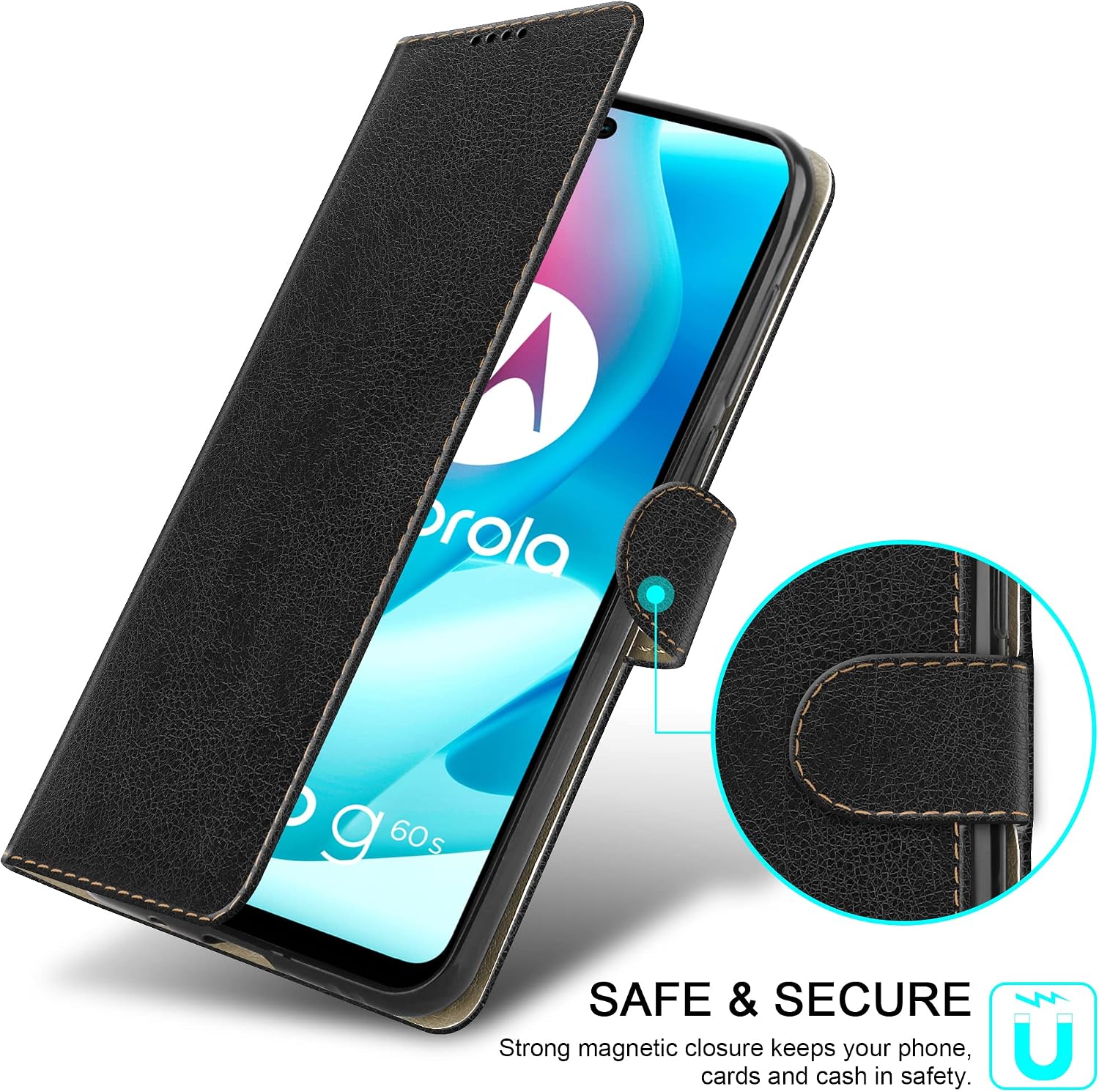 PIXFAB For Motorola Moto G60S Leather Phone Case, Magnetic Closure Full Protection Book Folio Design - Image 5