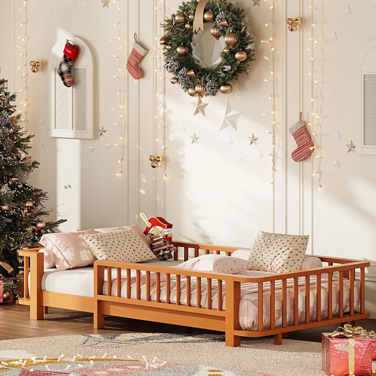 Twin Floor Bed for Kids,Toddler Montessori Floor Bed Frame with Rails,Solid Wood Low Profile Twin Size Bedframe with Wood Slats,Rounded Corner