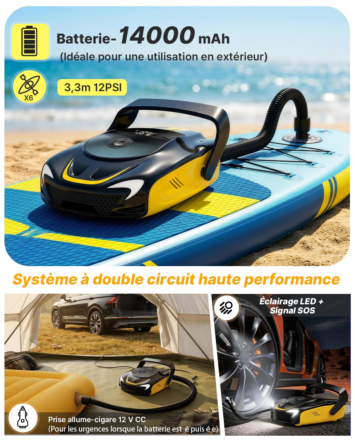 Pompe Sup Électrique 50 PSI Haute Pression, Gonfleur Paddle Rechargeable 14000mAh, Gonflage/Dégonflage Intelligent, avec Lumière LED, pour Planches de SUP, Kayaks, Motos, Ballons, Matelas Pneumatiques