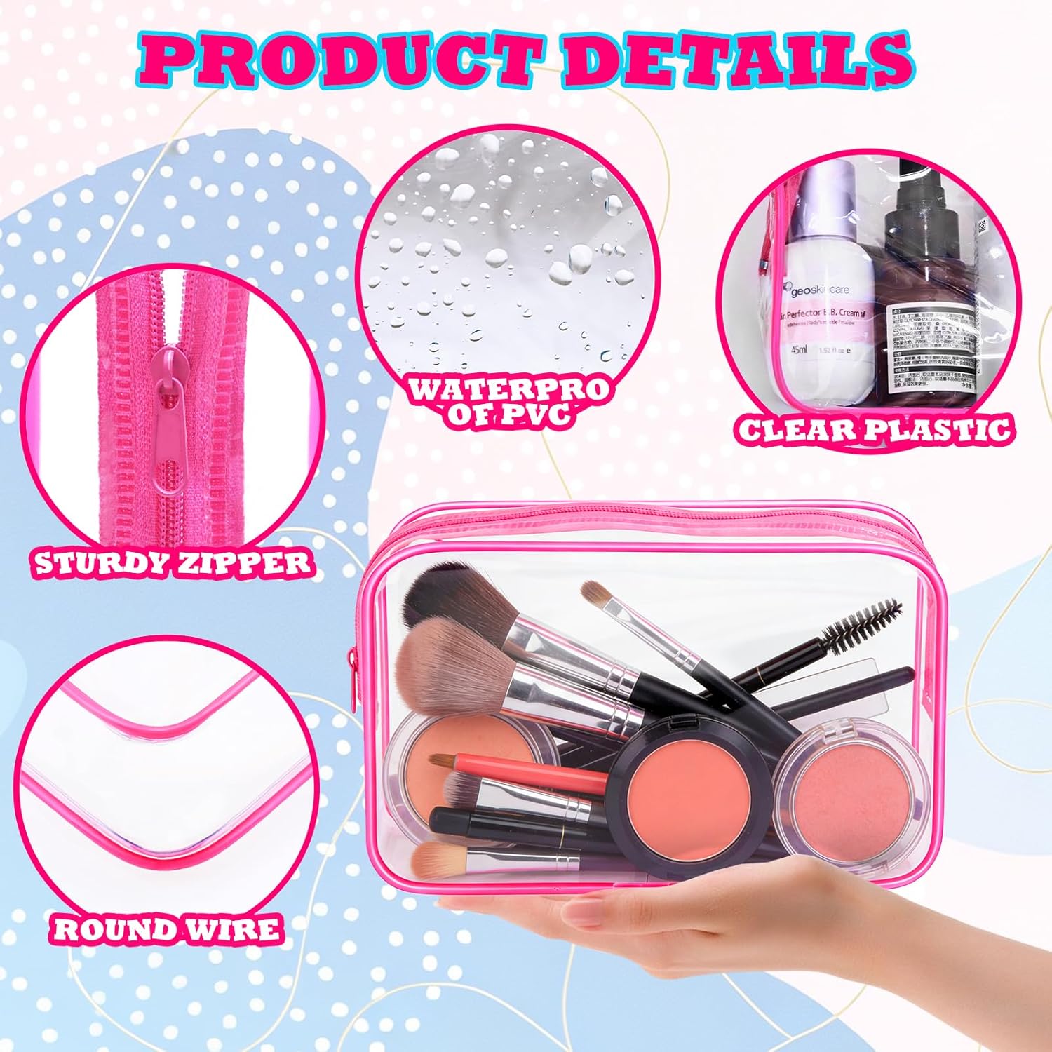 Eilyliafe 12PCS Clear Cosmetic Bag Transparent PVC Makeup Bag Waterproof Plastic Zipper Pouches Travel Toiletry Organizer Cosmetic Storage Case for Women Traveling Bathroom (Rose Red, Medium)
