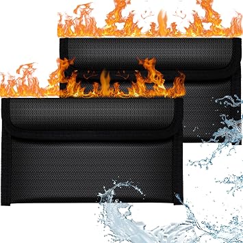 OFFCUP Fireproof Document Bag, 2pcs 8x4.6 Inches Money Fireproof Bag, Solid Silicone Coated Waterproof and Fireproof Safe Storage Bag with Zipper for Cash, File, Passport, Valuables Box Black