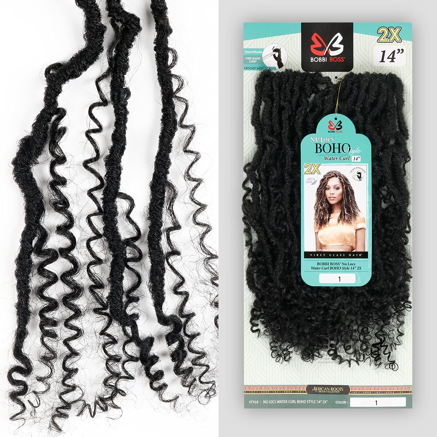 Boobi Boss Crochet Braids Nu Locs 2X Water Curl Boho Style 14" (3 Packs, T1B/BUG)
