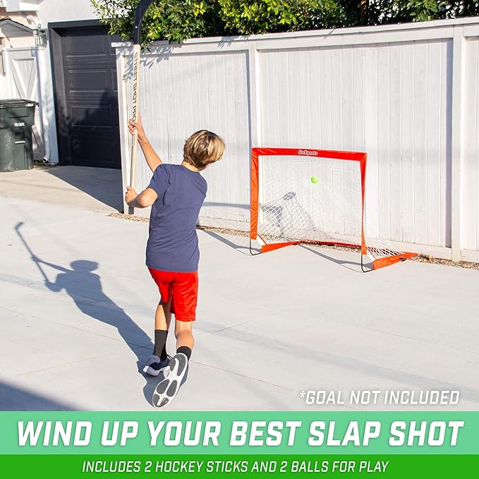 GoSports offers a variety of street hockey products, including the Street Hockey Goal Set with Sticks and the Street Hockey Sticks (2 Pack). The Street Hockey Goal Set comes with two high-quality, regulation-sized nets and two red street hockey sticks. The durable PVC construction makes them suitable for outdoor use and able to withstand rough play.
