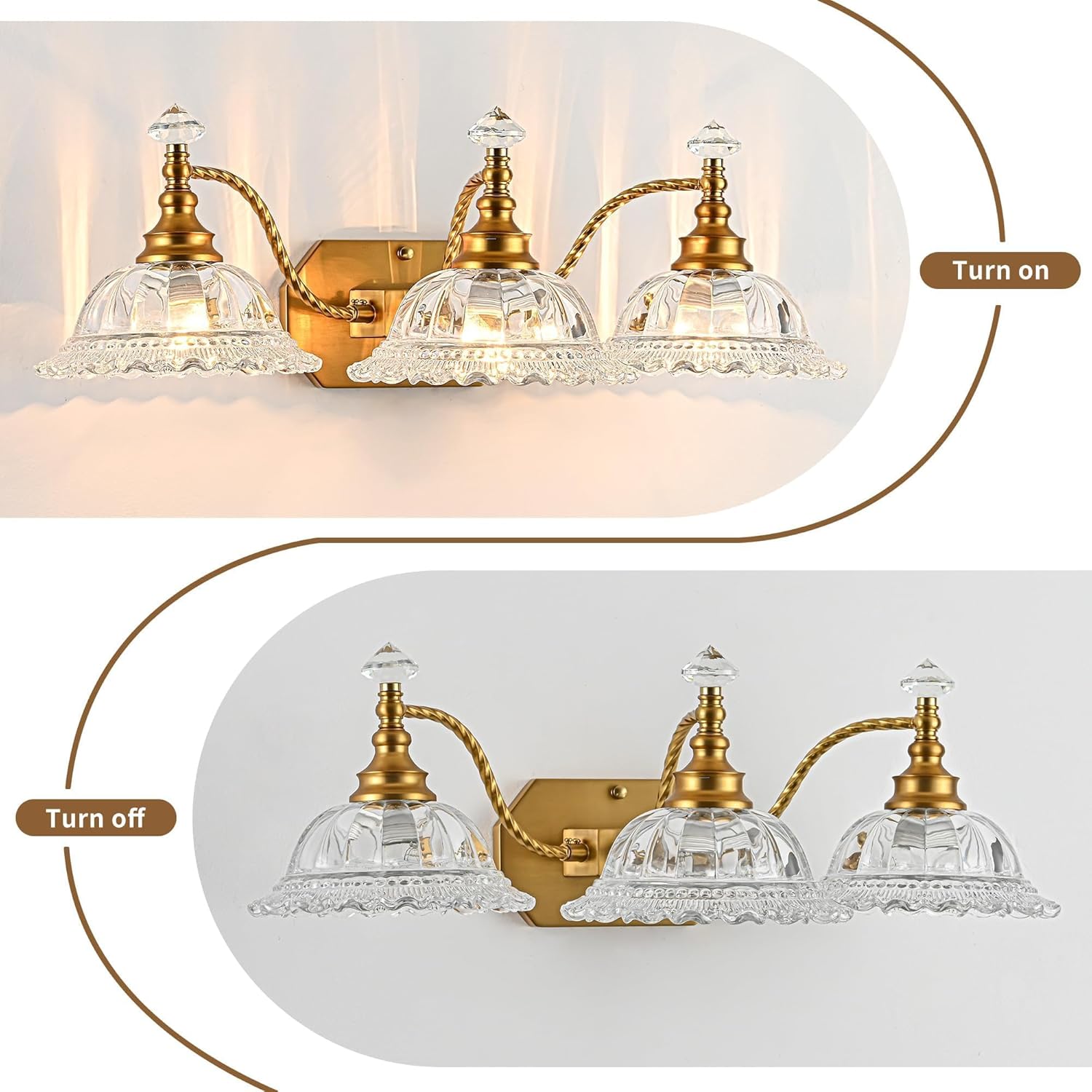 Vintage Bathroom Vanity Light Fixtures, 3-Light Brass Light Fixtures Over Mirror with Crystal Glass Flower Shade, Mid Century Farmhouse Wall Mount Lighting for Living Room, Kitchen