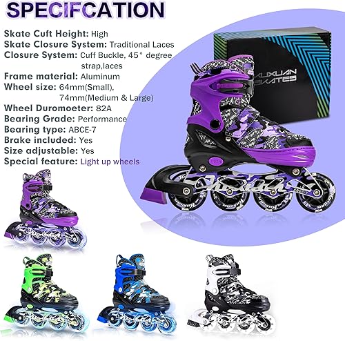 Miniatura 7 de Kuxuan Skates Patines en línea ajustables para niños y jóvenes con ruedas de luz completa, camuflado, diversión al aire libre, patines iluminadores
