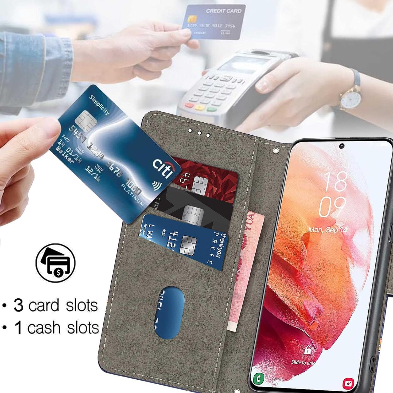 Case Wallet for iPhone Air, [Kickstand] 3 Card Holder Stand [Shockproof TPU Interior Shell], PU Leather Magnetic Protective Flip Cover 6.5", Rose Butterfly - Image 5