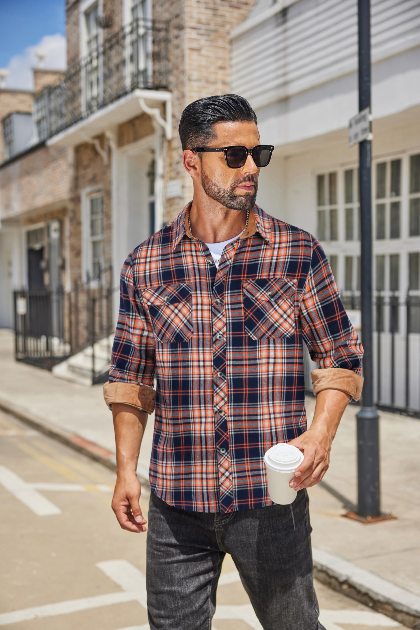 COOFANDY Camicia da uomo autunnale a quadri con bottoni a maniche lunghe casual da lavoro da cowboy camicie in flanella leggera con due tasche