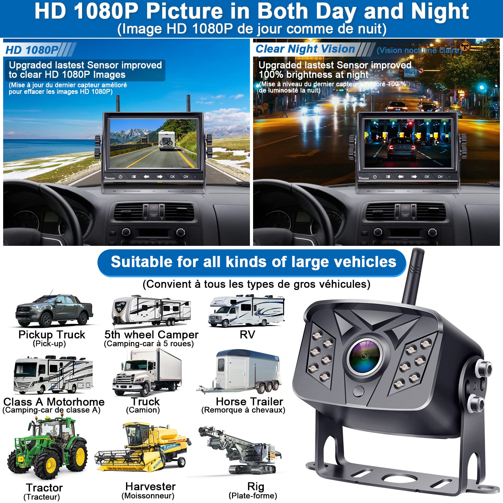 Caméra de recul sans Fil WiFi étanche 7" LCD Split Monitor Touch Key Screen DVR Recorder Système de Vue arrière pour Camping-Car, Van Camion T5