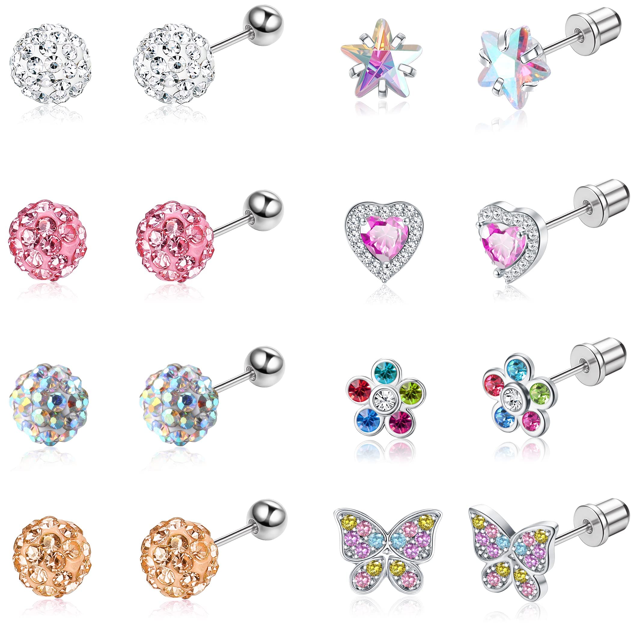 MILACOLATO8 Pares Pendientes De Aretes De Rosca Para Mujeres Y niñas Juego De Aretes De Acero Inoxidable De Circonita Cúbica Corazón Mariposa Flor Tornillo En La Parte Piercing Cartílago Joyería