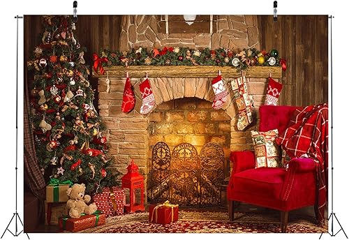 Miniatura 4 de CORFOTO Telón de fondo de fotografía de árbol de Navidad y chimenea, de tela de 7 x 5 pies, fondo interior de Navidad, decoración de regalos de