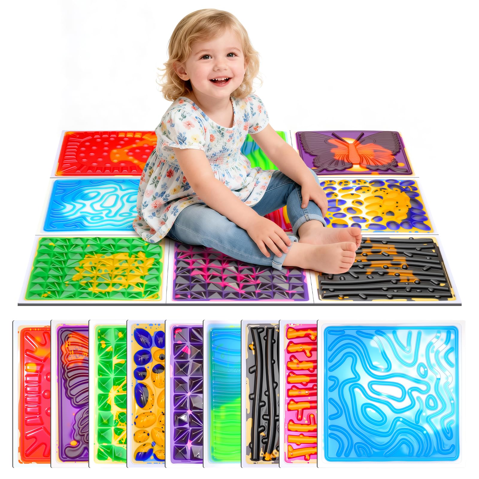 Sensorik Matten Flüssig 9er Set 30x30cm, Umweltfreies PVC, CE/EN71, Sensorische Bodenfliesen Kinder, Sensorik Spielzeug für Autismus, Haus, Kindergarten & Klassenzimmer