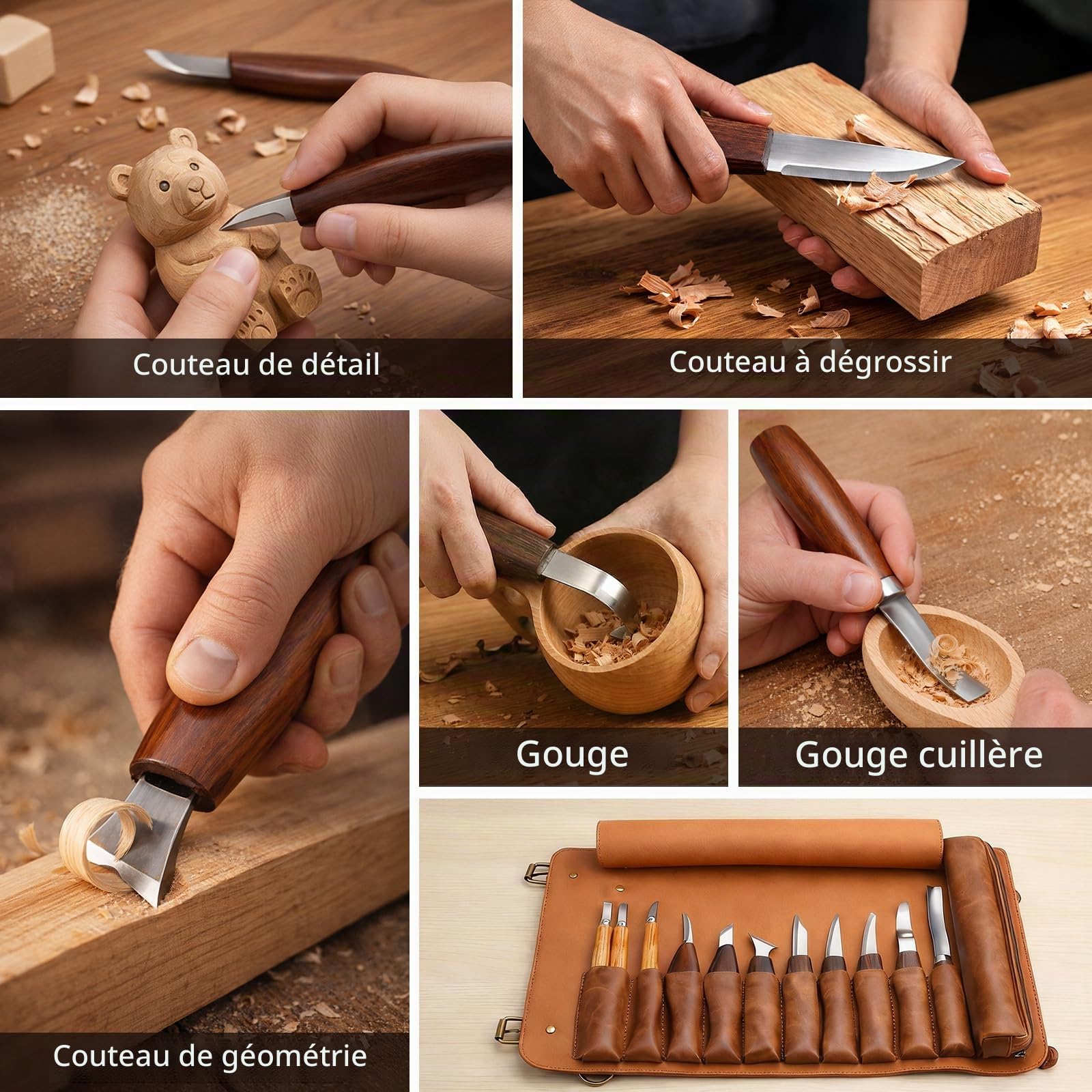 Set de sculpture sur bois | Set d'outils de sculpture sur bois | Tekchic, set de 14 couteaux à sculpter avec étui en PU (marron) – pour débutants, professionnels et passionnés de sculpture sur bois