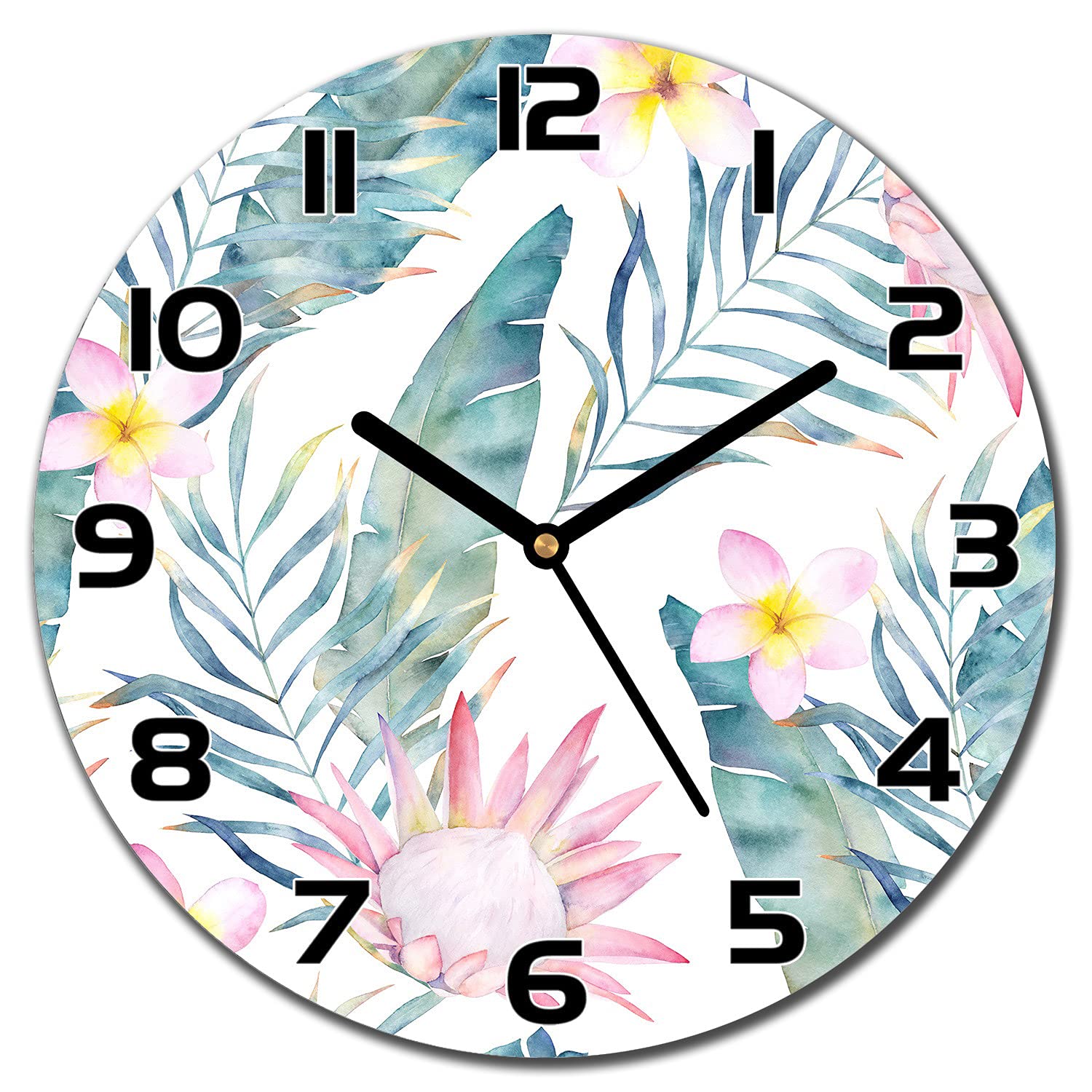 Horloge murale en verre salon et cuisine motif fleurs pales de 30cm moderne