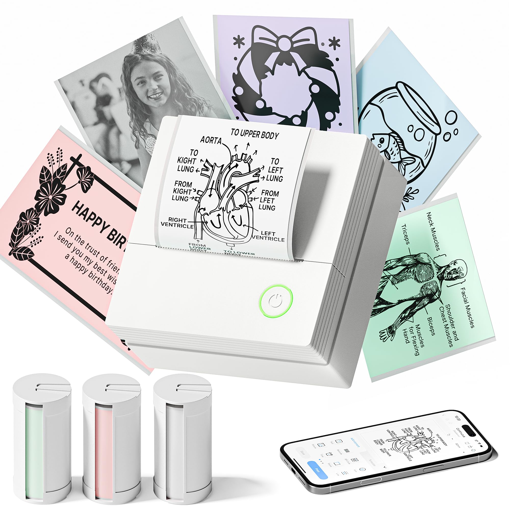 TYPONOS Sticker Drucker, PM290 Mini Drucker für Smartphone, Bluetooth Thermodrucker Mini mit 3 Rollen Papier, Minidrucker für Studiennotizen, Tagebücher, DIY Geschenke – Schule Büro, White, 1 Pack