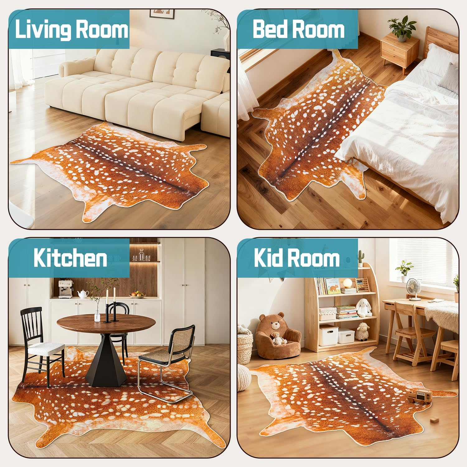 Deer Rug Faux Fur Deer Print Rug, 4.6x5.2 Feet Irregular Shaped Animal Hide Rugs, Soft Faux Cashmere Antelope Fawn Carpet for Living Room, Bedroom, Cabin, Lodge Western Home Decor