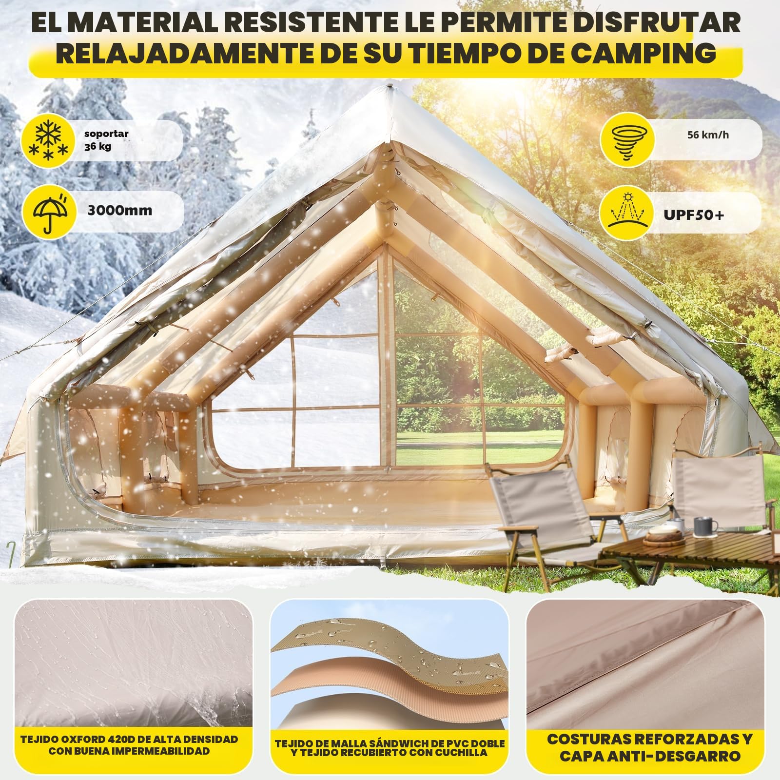 Tienda de campaña inflable con apertura de chimenea y claraboya, para exteriores, 2-10 personas, con bomba de aire, de tela Oxford impermeable, para las 4 estaciones, montaje rápido