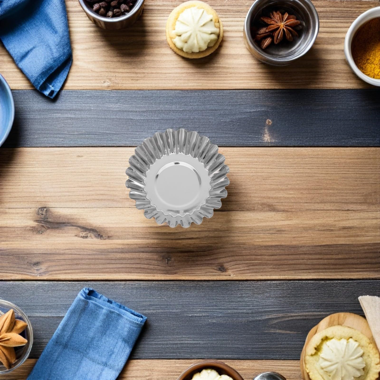 Moldes para Tartaletas de Huevo de Acero Inoxidable 50 Piezas | Plata, Redondos y Reutilizables, Mantenimiento Sencillo, Usos Versátiles en Cocina y Repostería