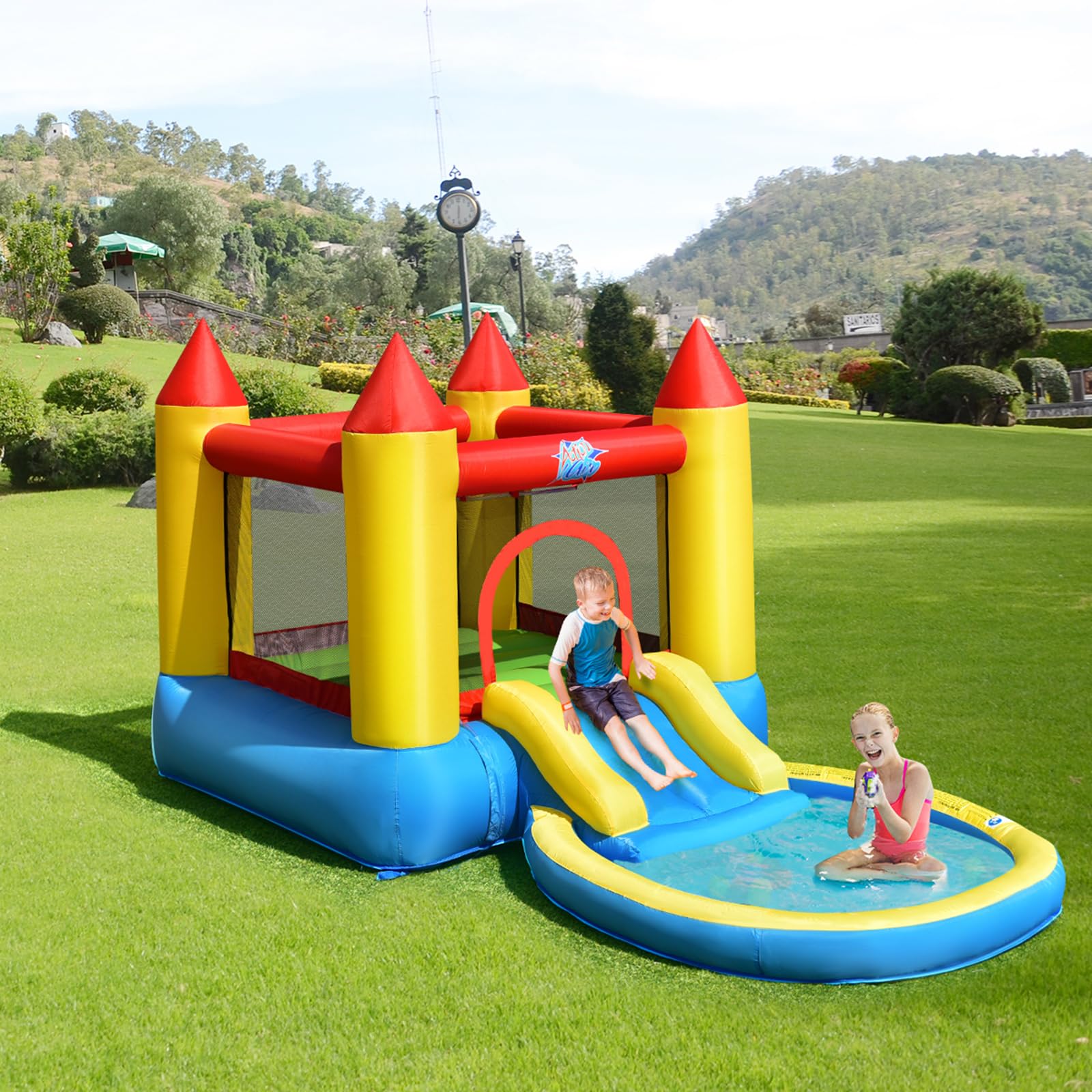 FANTASK Hüpfburg Kinder, hüpfburg Innen- und Außenbereich inkl. Rutsche, Sprungbereich & Planschbecken, Bouncy Castle für Kinder, 362 x 196,5 x 193 cm