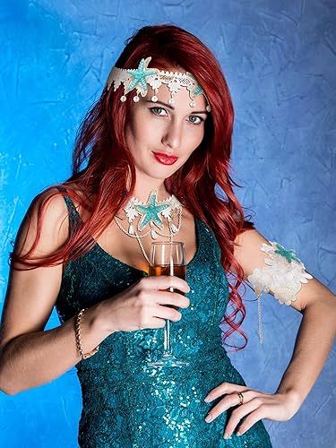 Miniatura 6 de 6 piezas de accesorios para el cabello de sirena de Halloween diadema de concha de estrella de mar collar de estrella de mar pulsera de brazo de