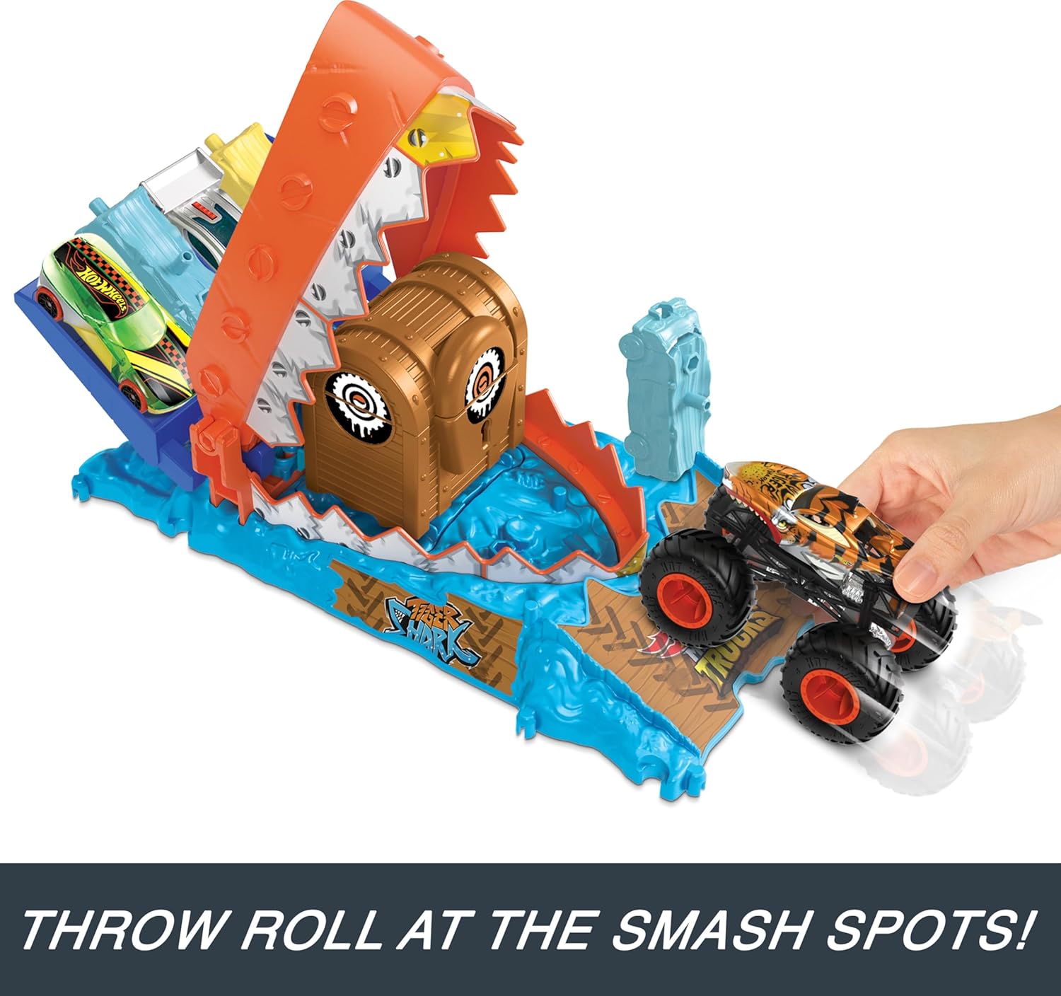 Hot Wheels Monster Trucks Arena Smashers Playset showing the Tiger Shark monster truck and a crushed car