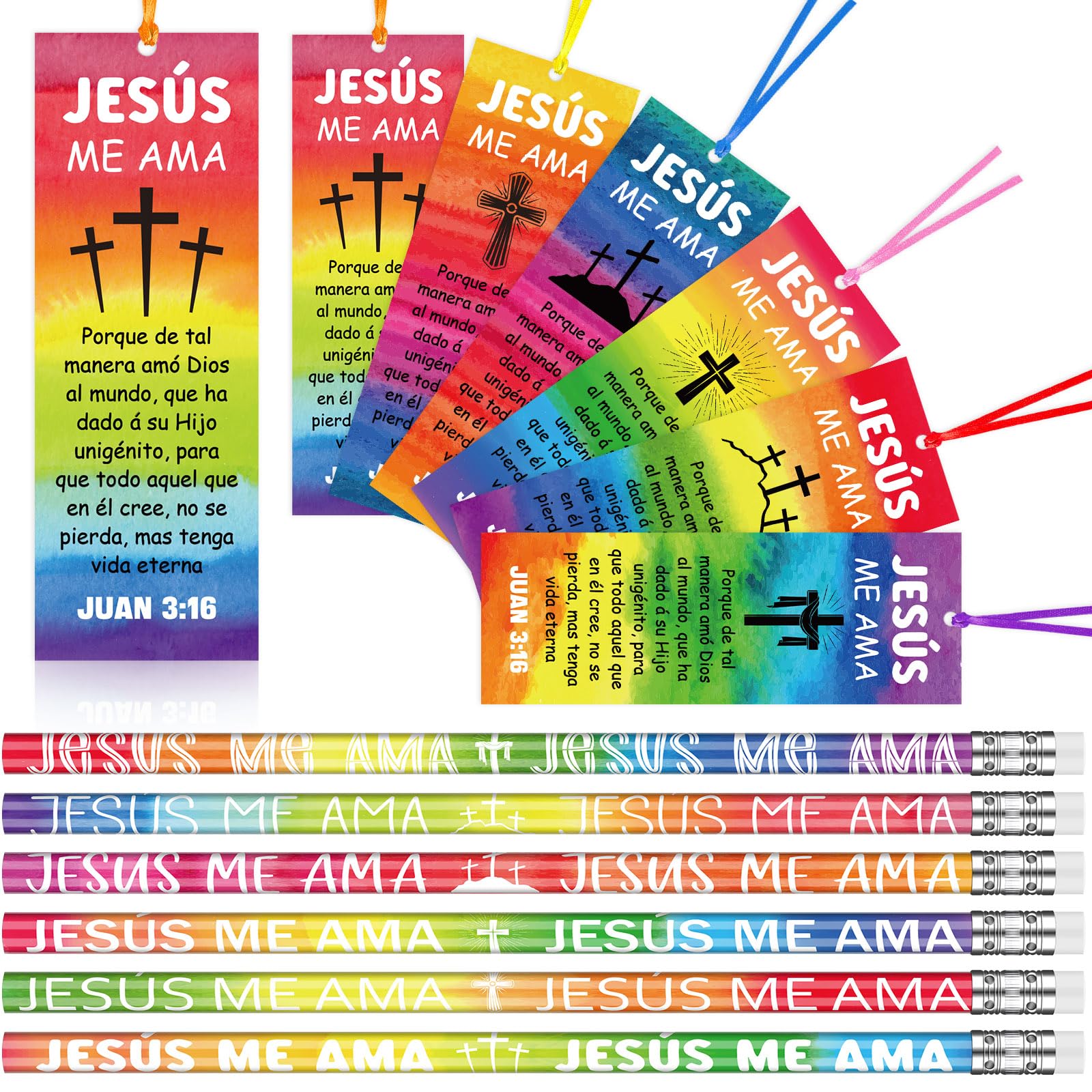 Resurhang 60 Pcs Spanish Jesus Loves Me Gifts Include 30 Jesus Me AMA Pencils 30 Christian Halloween Treats Bookmarks Juan 3:16 Religious Pencil for