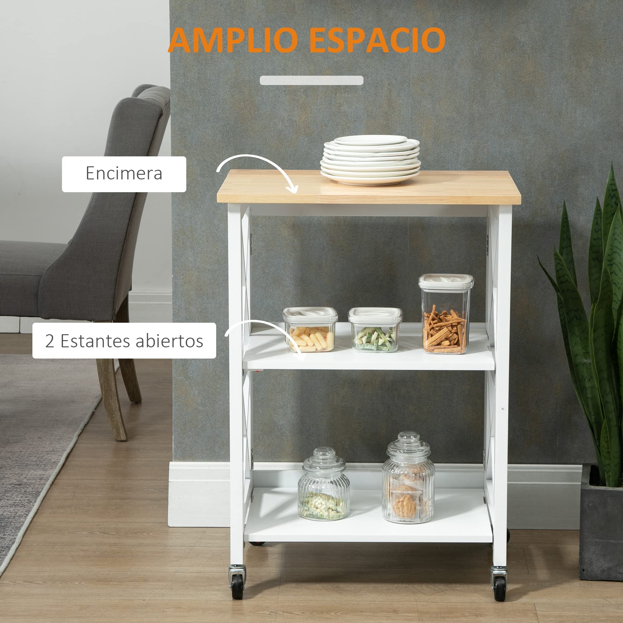HOMCOM Carrito de Cocina Plegable con Ruedas 40 kg 60x40x84 cm Blanco | Carro Auxiliar, Carro Verdulero, 2 Estantes, para Comedor