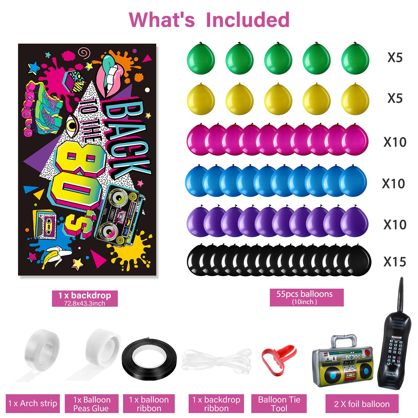 Breling 80s 90s Party Decorations: Retro Music Theme Pack with Inflatable Boombox & Mobile Phone, Backdrop, 55 Balloons (Black, Purple, Green, Yellow, Blue), 80s 90s Supplies